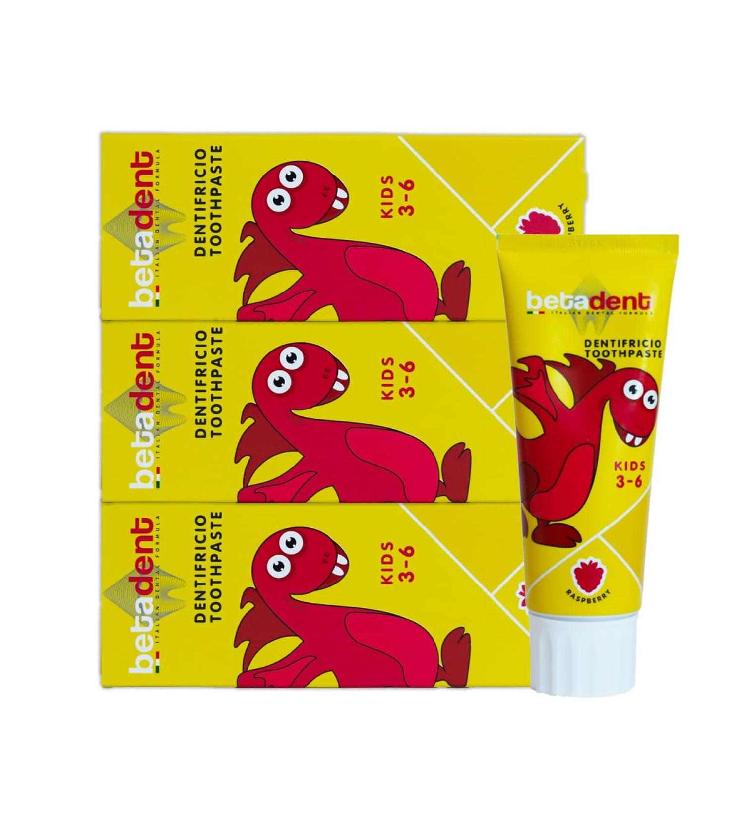  BETADENT Betadent Kit 3 Children's Toothpaste for Children 3-6 Years Raspberry Flavour Anti-Plaque and Anti-Decay Balanced Dosage of Fluorine Salts at a Concentration of 430 ppm F. 3 x 75 ml - Buy Online on GoSupps.com