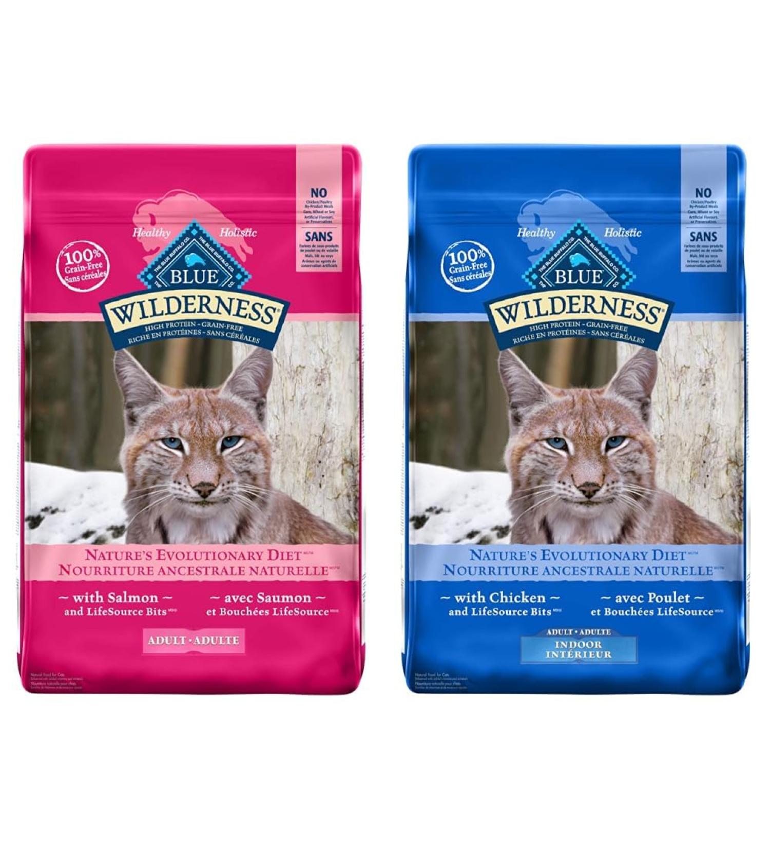 Blue Buffalo Wilderness High Protein Grain Free Natural Adult Dry Cat Food Salmon 4.9 Kg Bag & Wilderness High Protein Grain Free Natural Adult Indoor Dry Cat Food Chicken 4.9kg Bag Salmon Large Bag + Chicken 4.9kg bag - Buy Online on GoSupps.com