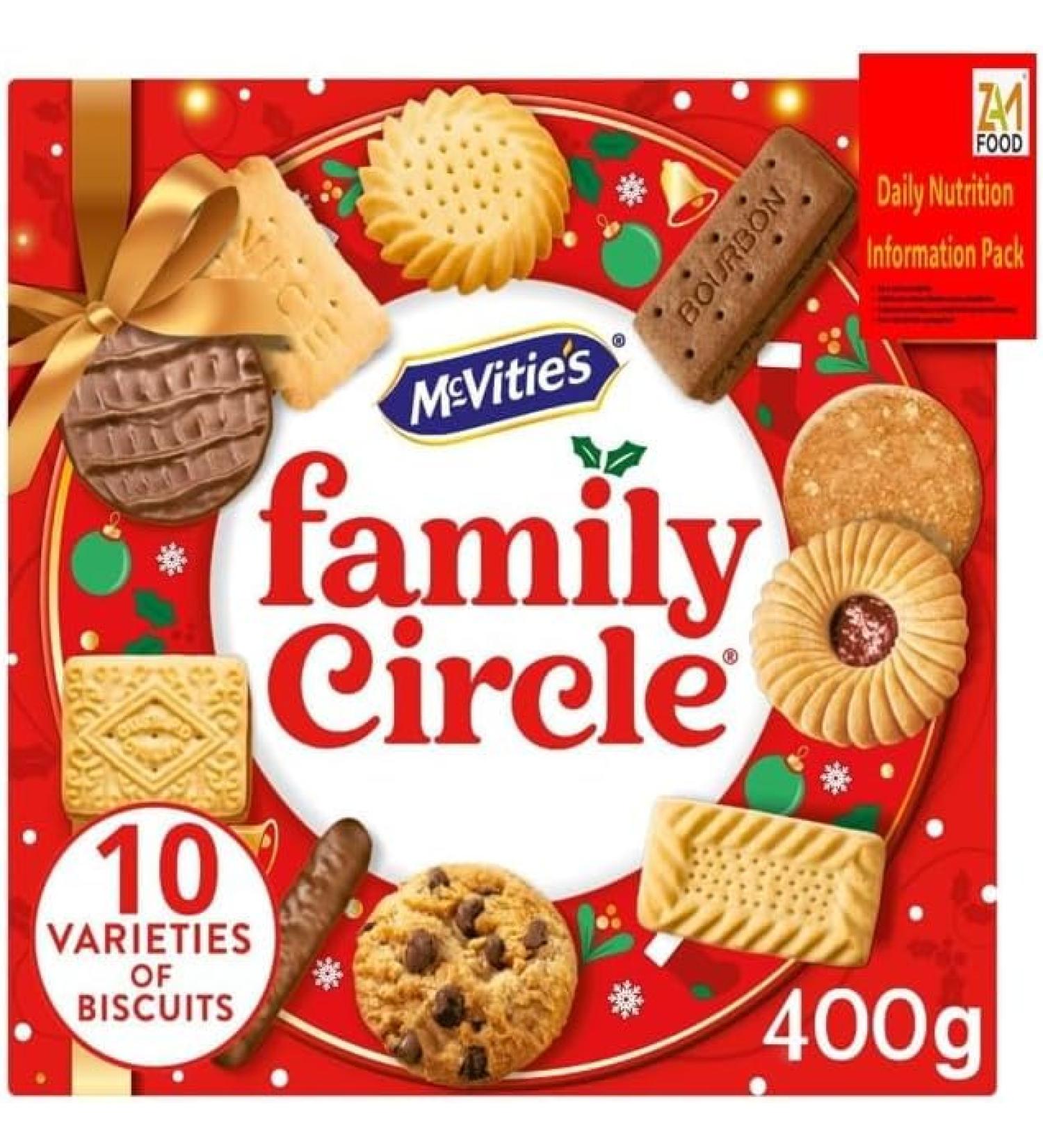 McVitie's Family Circle 10 premium varities Assortment of Creams Chocolate Jam and other Sweet Biscuits 400g single pack Bulk cookies Perfect for Gifting Mum & Dad by zamfoods nutrition info book 2