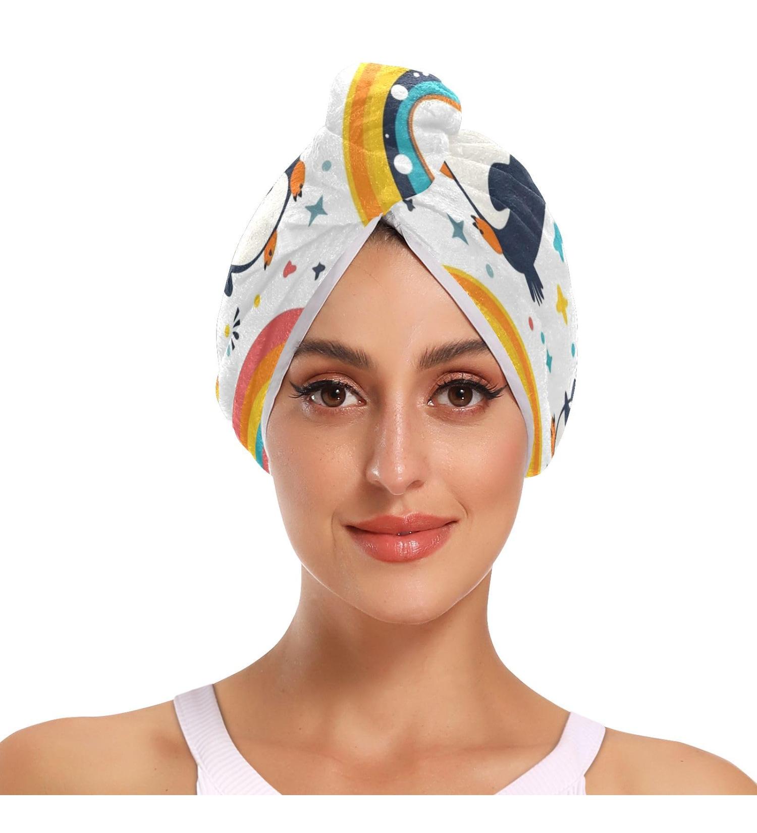 Rainbow Lovely Penguins Hair Towel 2 Pack - Super Absorbent Quick Dry Hair Turbans for Women & Girls - Buy Online on GoSupps.com