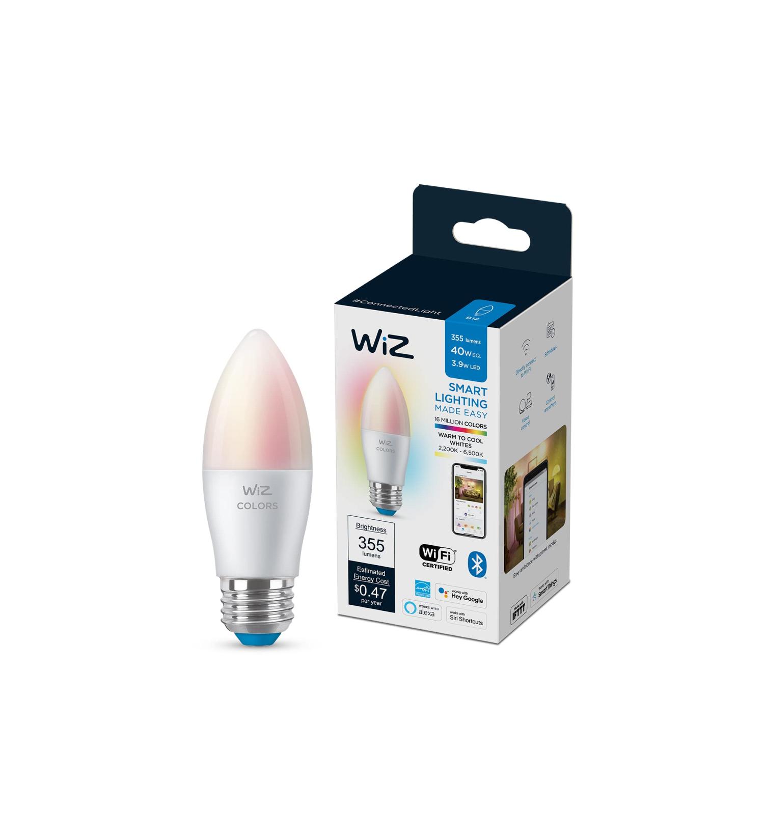 WiZ Connected Color B12 Smart WiFi Light Bulb | 2200K - 6500K + RGB 16 Million Colors | Works with Alexa, Google Assistant, Siri | No Hub Required | 1 Count - Buy Online on GoSupps.com