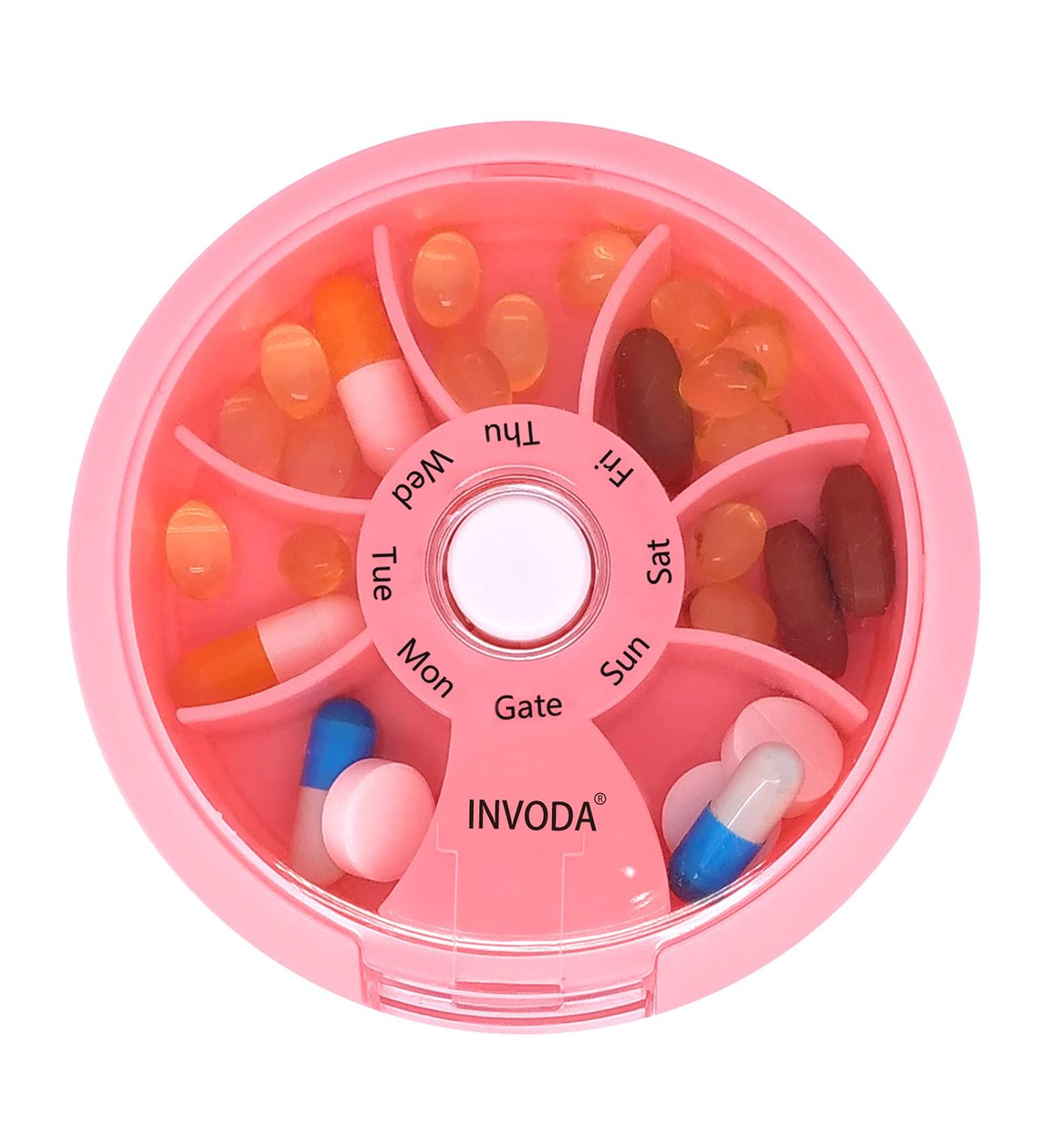 Pink Weekly Pill Organizer with 7 Compartments - Portable Travel Pill Box for Vitamins and Fish Oil Supplements - Buy Online on GoSupps.com
