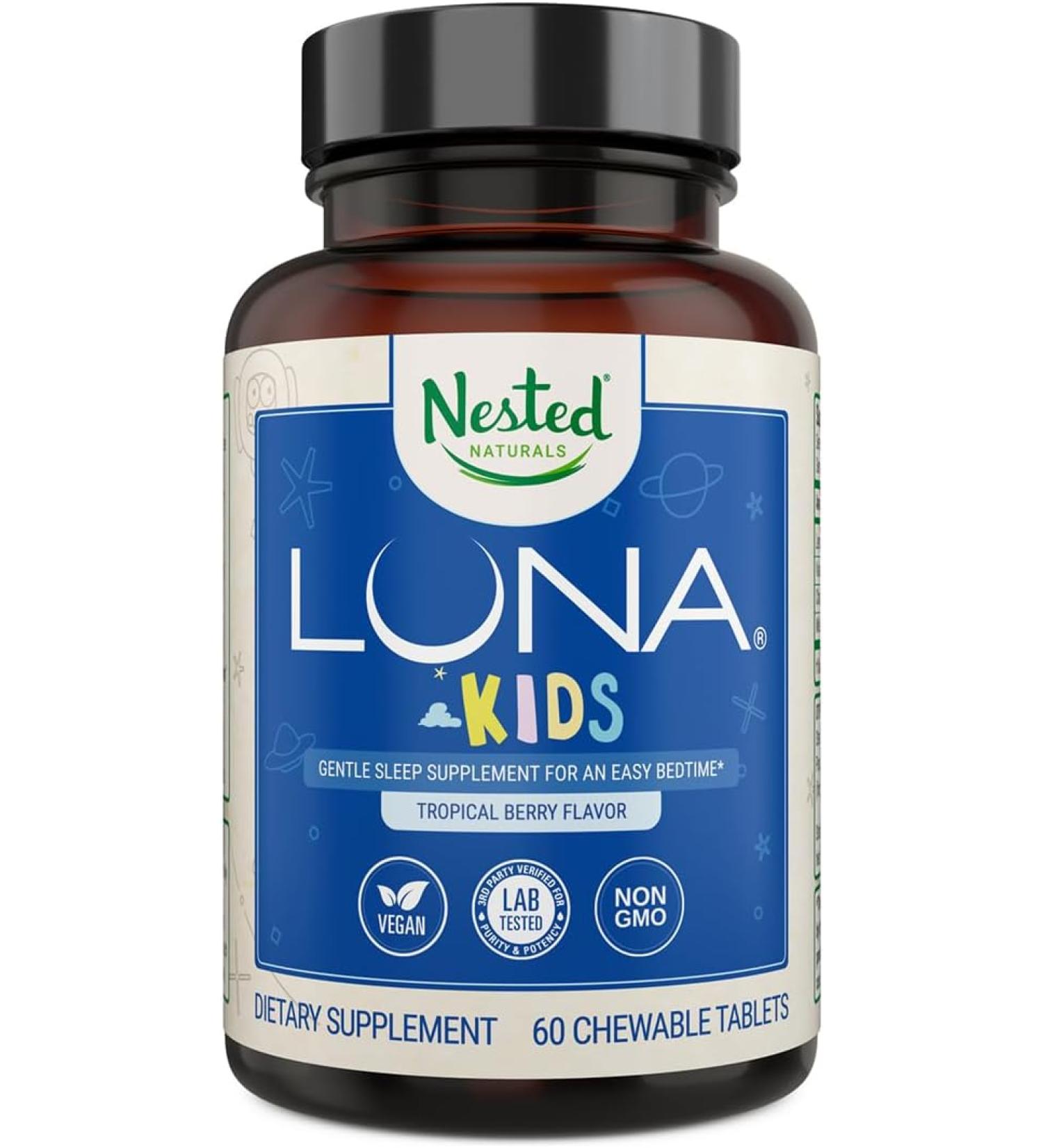 Nested Luna Kids Sleep Aid - Natural Melatonin Chewables for Children & Sensitive Adults - 60 Count - Buy Online on GoSupps.com