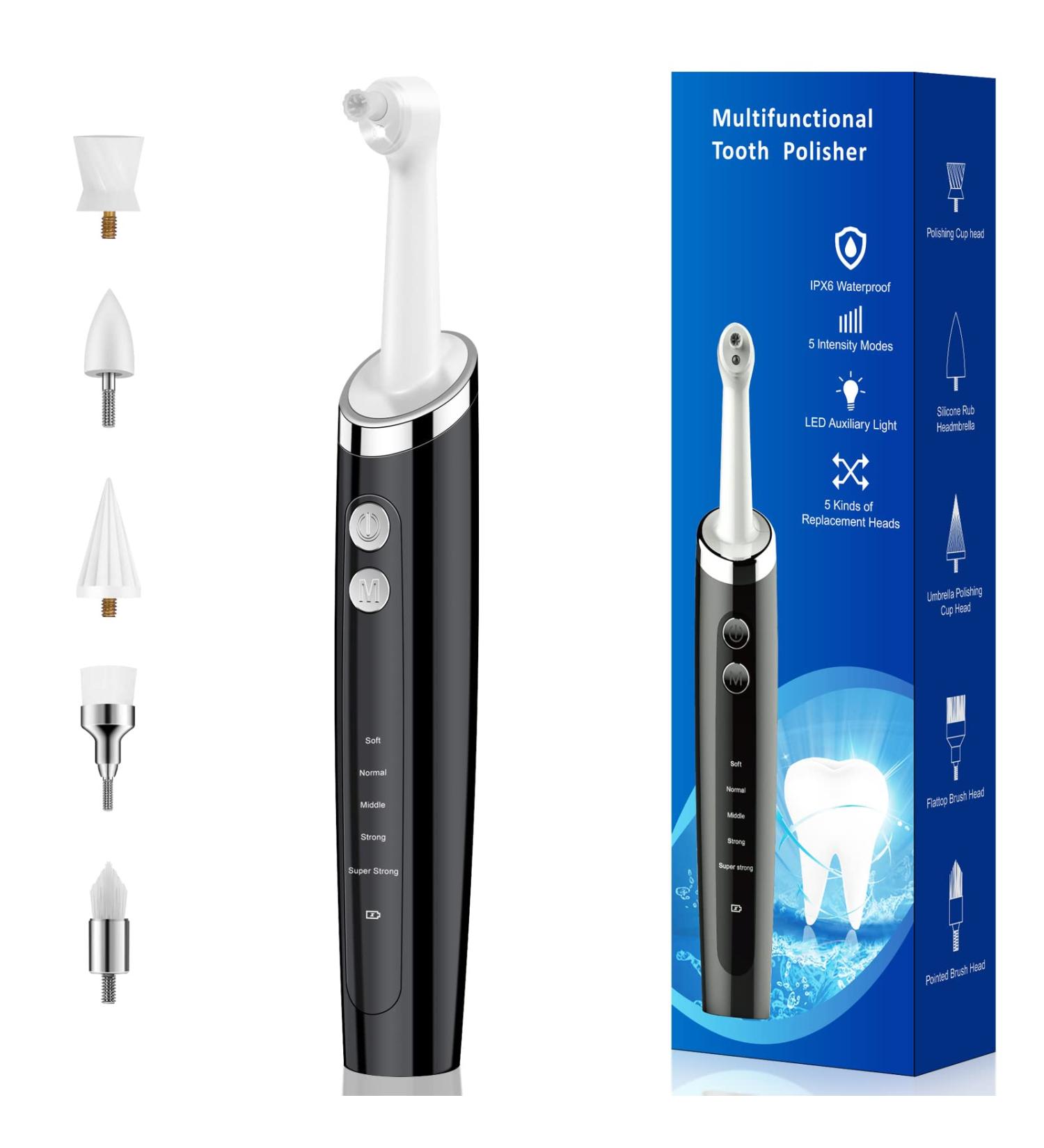 Pelzzle Rechargeable Teeth Cleaning Kit - Electric Dental Polisher for Whitening and Polishing, LED Light, 5 Brush Heads, 5 Speed Modes - Waterproof Black - Buy Online on GoSupps.com