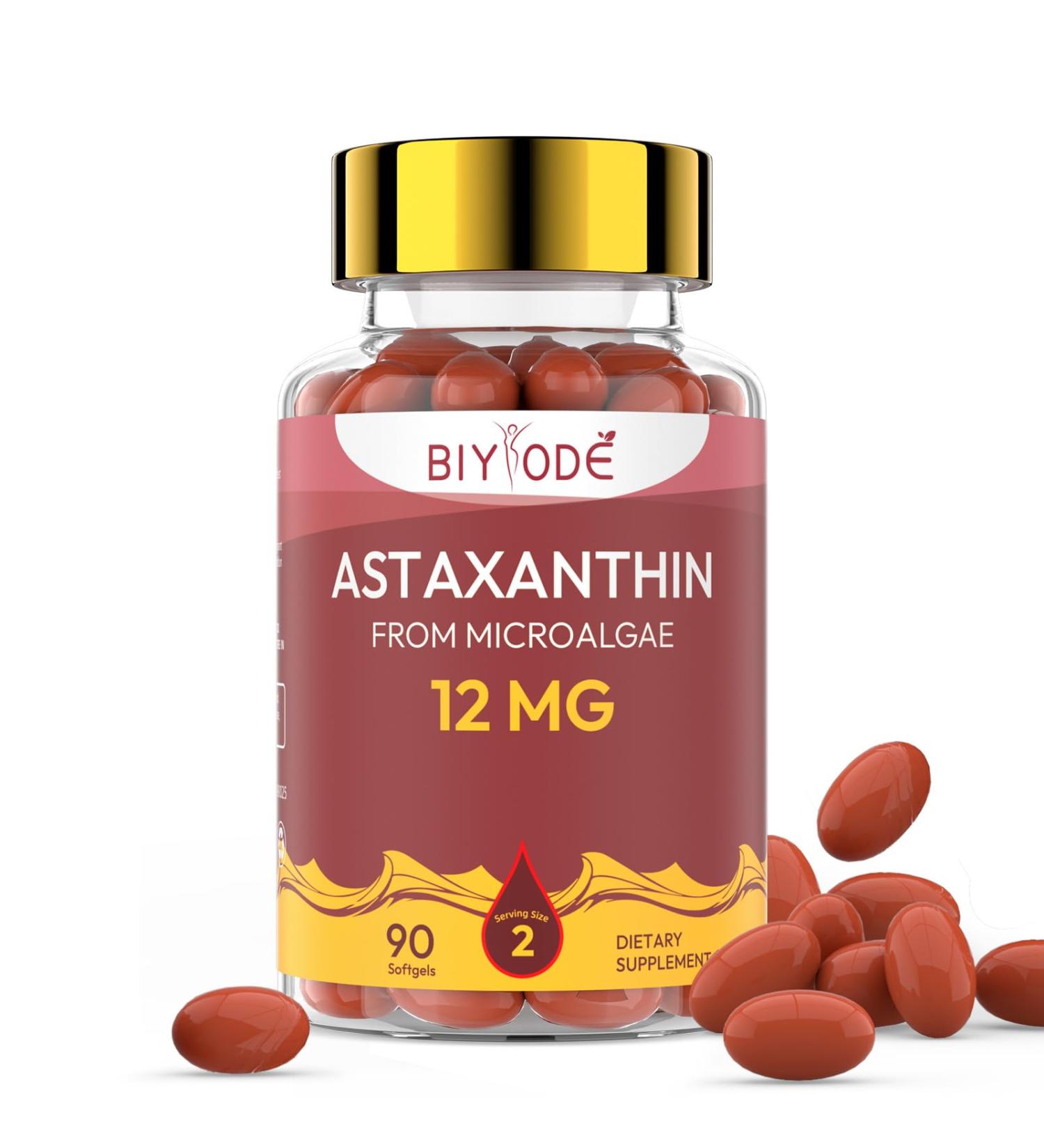 BIYODE Astaxanthin 12mg Softgels High Potency Antioxidant Supplement from Microalgae Supports Skin Health Heart Function Circulation & Immune System 90 Softgels - Buy Online on GoSupps.com