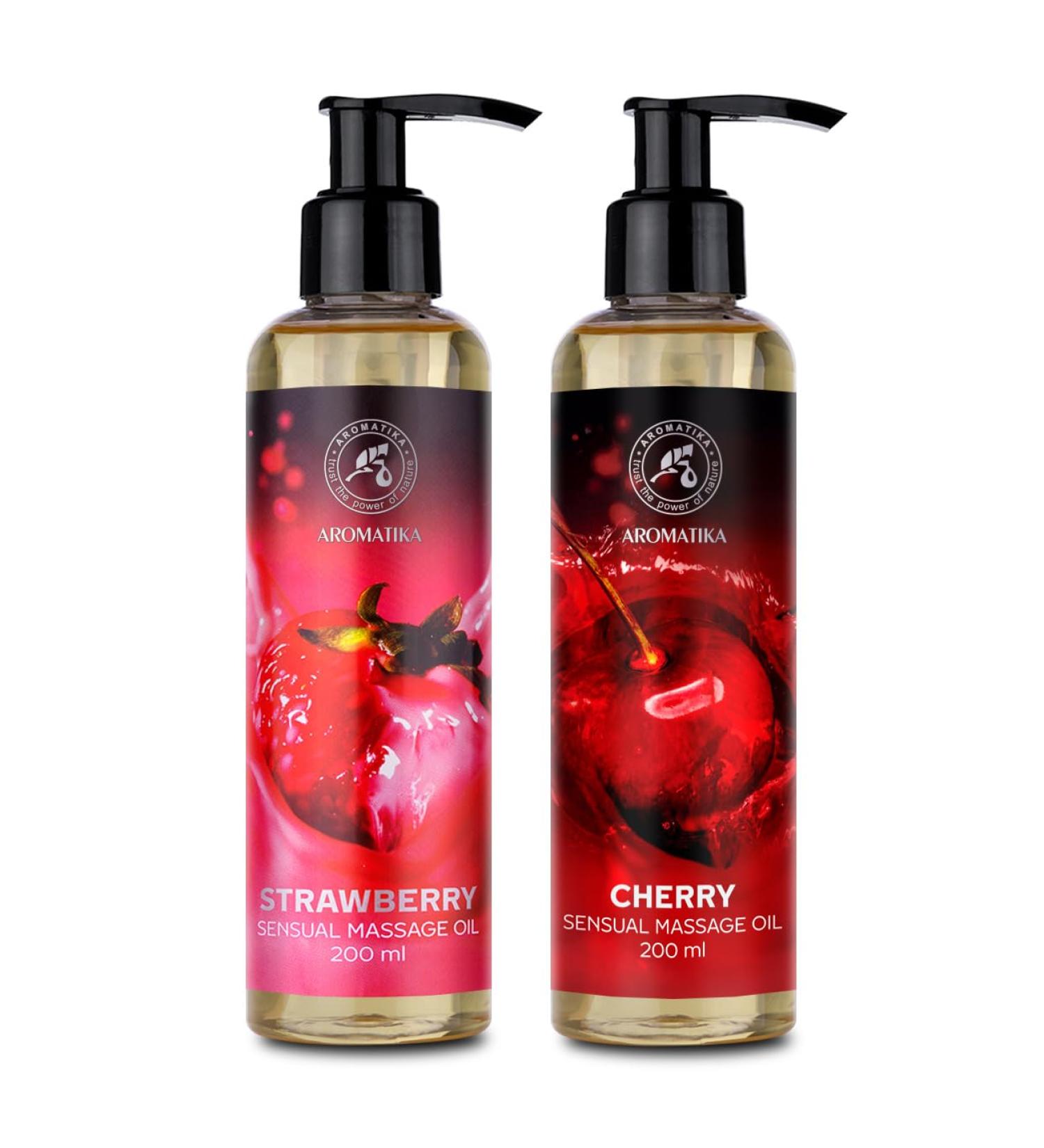 Sensual Massage Oil Set 2x200ml - Strawberry & Cherry - Edible Kissable Body Massage Oil with Almond & Grape Seed Oil for Couples - Buy Online on GoSupps.com