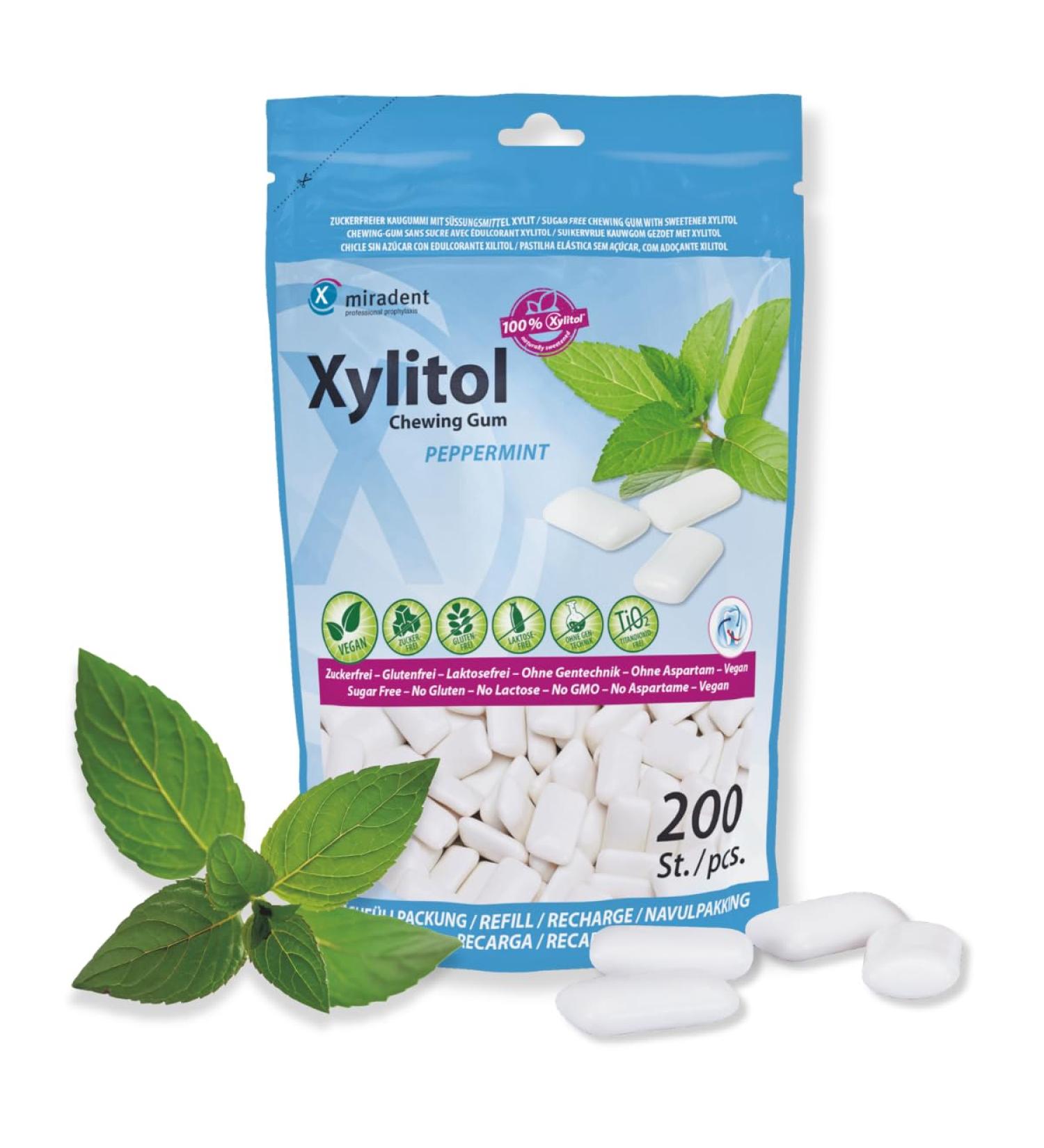 miradent Chewing-gum dentaire au xylitol Pack conomique 200 pcs | go t Menthe poivr e | sans sucre | vegan | pr ventif caries | id al pour d placements - Buy Online on GoSupps.com