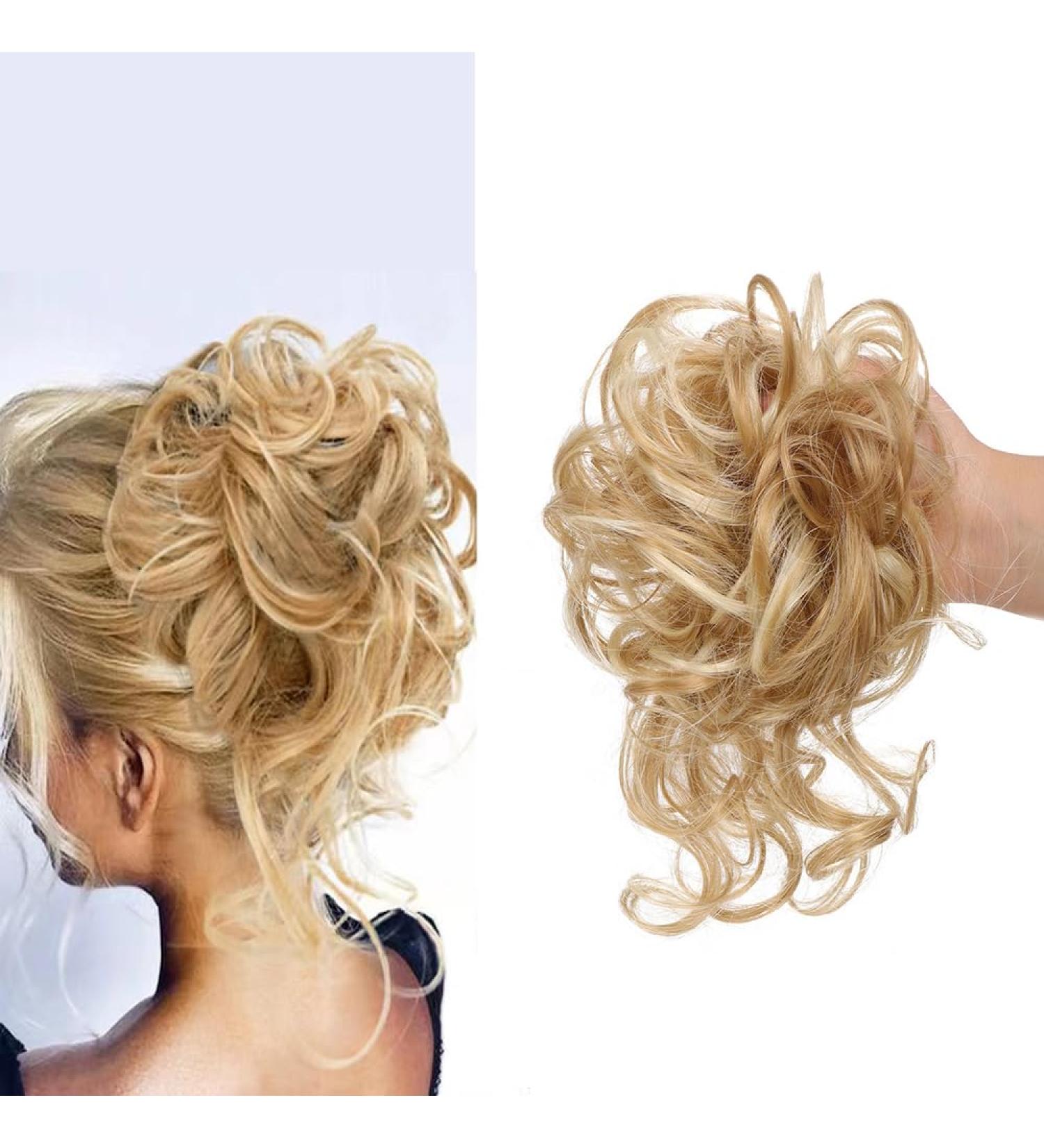 Light Blonde Brown Hair Tendrils Updo | Messy Bun Scrunchy Art for Women & Girls | Curly Wavy Tousled Hair Parts (#105) - Buy Online on GoSupps.com