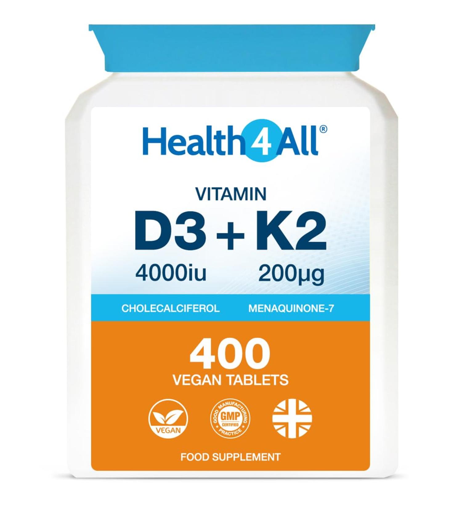 Health4All Vitamin D3 4000iu & Vitamin K2 200ug (Natural MK7) 400 Tablets (1+ Year Supply) Vegan Vitamin D3 K2 Supplement High Strength MK-7 from Natto Made in The UK - Buy Online on GoSupps.com