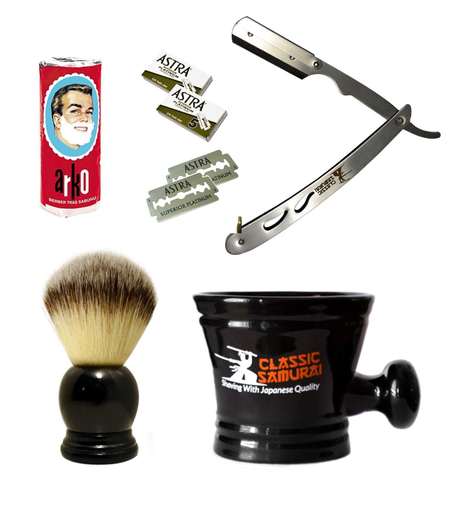Men's Shaving Set - Professional Barber Straight Razor Astra Blades Synthetic Brush Arko Soap & Porcelain Mug | Silver Metal Gift Set for Grooming - Buy Online on GoSupps.com