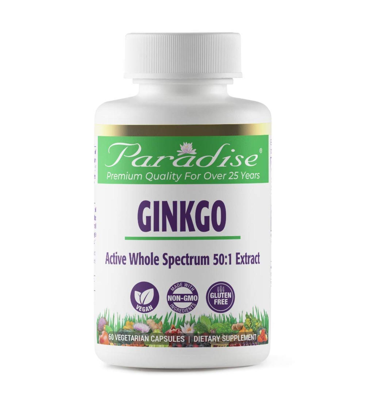 Paradise Herbs Ginkgo Biloba - 60 Vegetarian Capsules for Cognitive Support - Buy Online on GoSupps.com