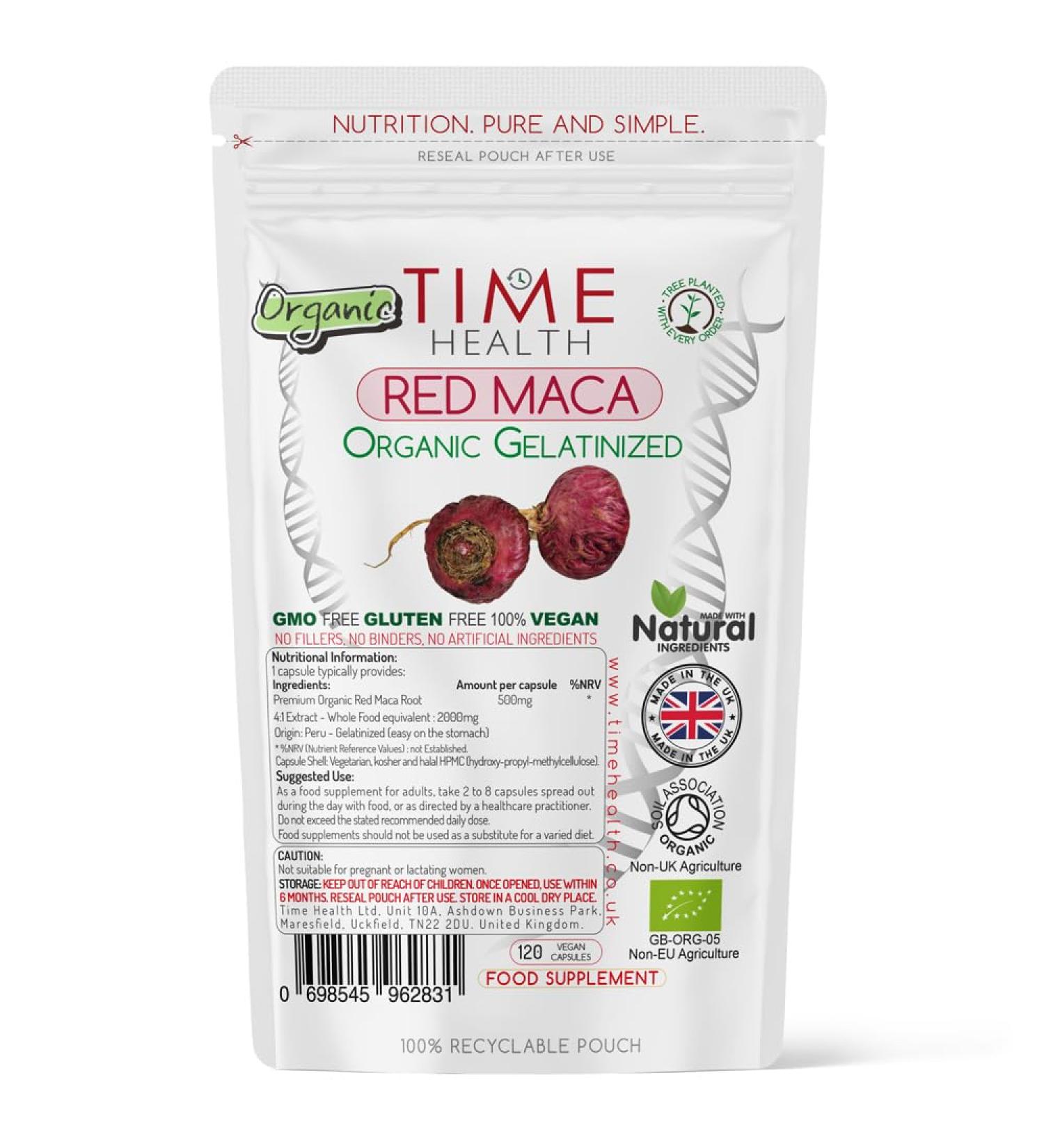 Organic Red Maca Root - 2000mg per Capsule - Peruvian Source - Gelatinized for Absorption - UK Manufactured - Pullulan (120 Capsule Pouch) 120 Count (Pack of 1)