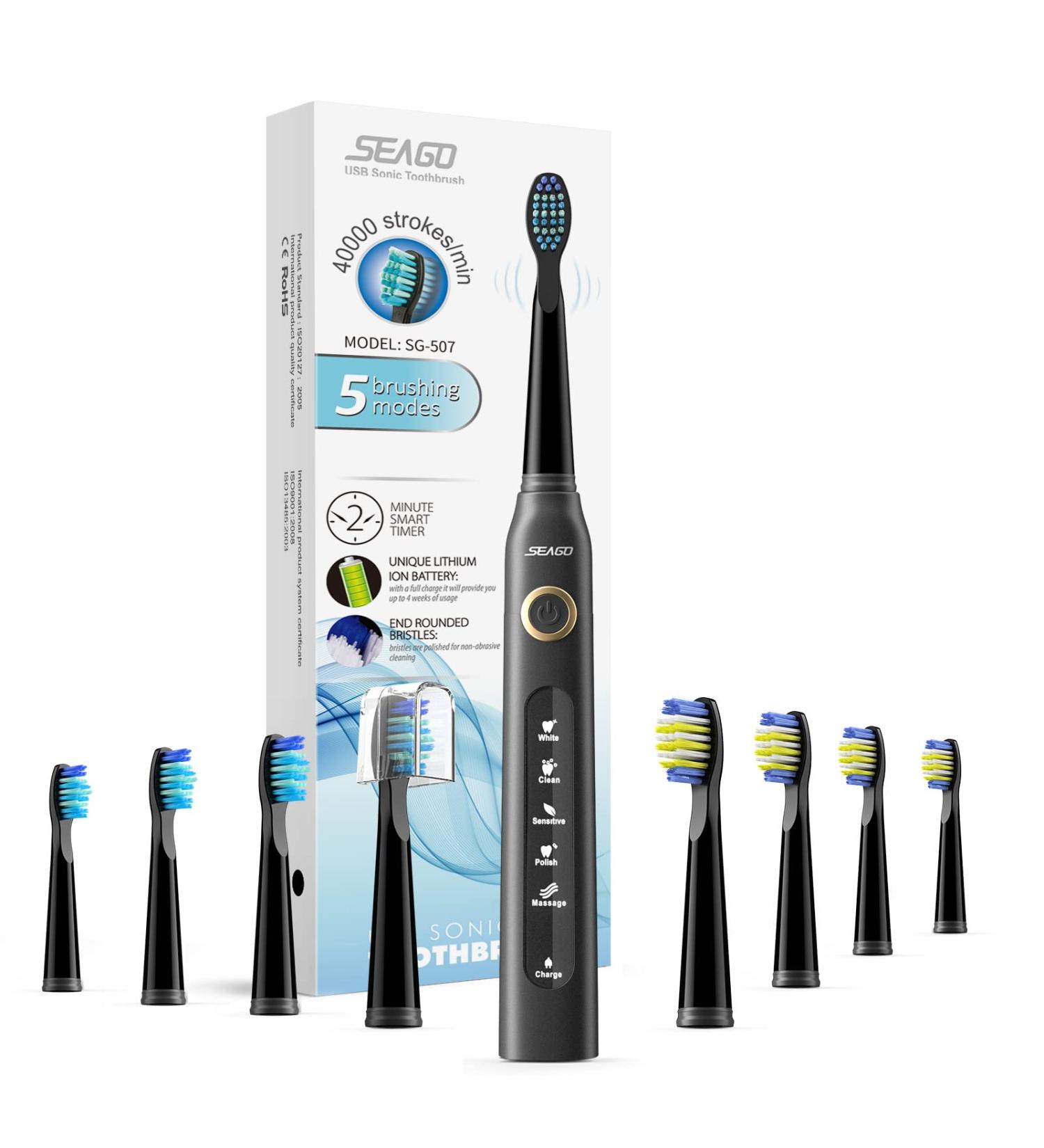 SEAGO Ultrasonic Electric Toothbrush for Adults | Rechargeable with 8 Brush Heads | Black SG-507 H8 - Buy Online on GoSupps.com