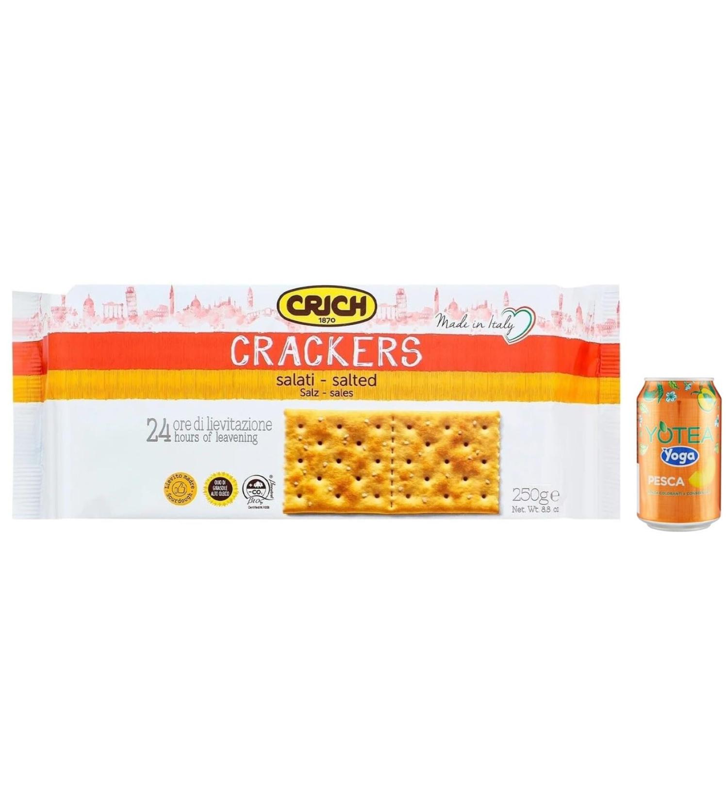 Crich Crackers Salati salati crackers with grains of salt and sourdough 250 g pack each pack contains 10 individual portions + 1 can of peach yoga iced tea 330 ml - Buy Online on GoSupps.com