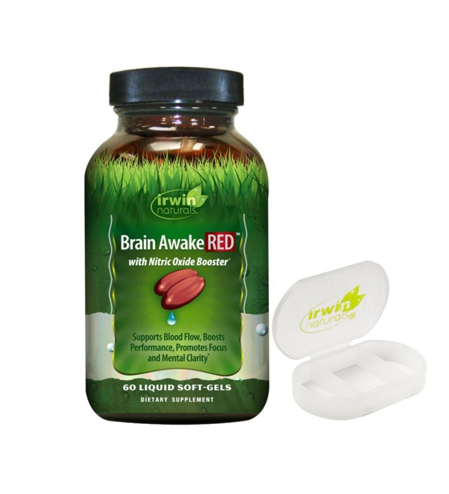 Irwin Naturals Brain Awake with Nitric Oxide Booster - 60 Liquid Softgels & Pill Case for Enhanced Focus | International Shipping Available - Buy Online on GoSupps.com