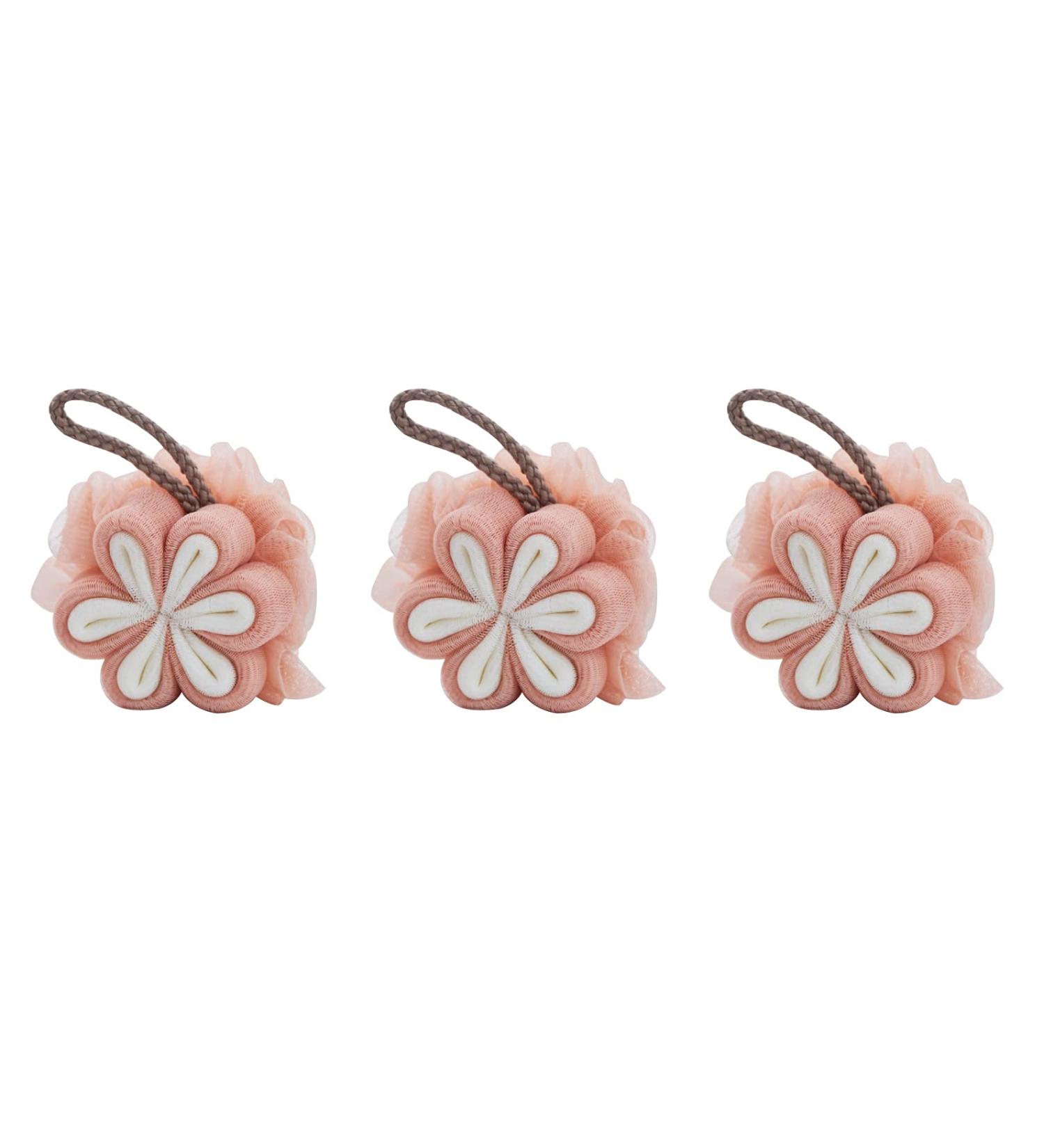 Hoirix 3Pcs Flower Shape Bath Shower Loofah Sponge Set - Exfoliating Mesh Pouf Shower Balls in Pink Color - Buy Online on GoSupps.com
