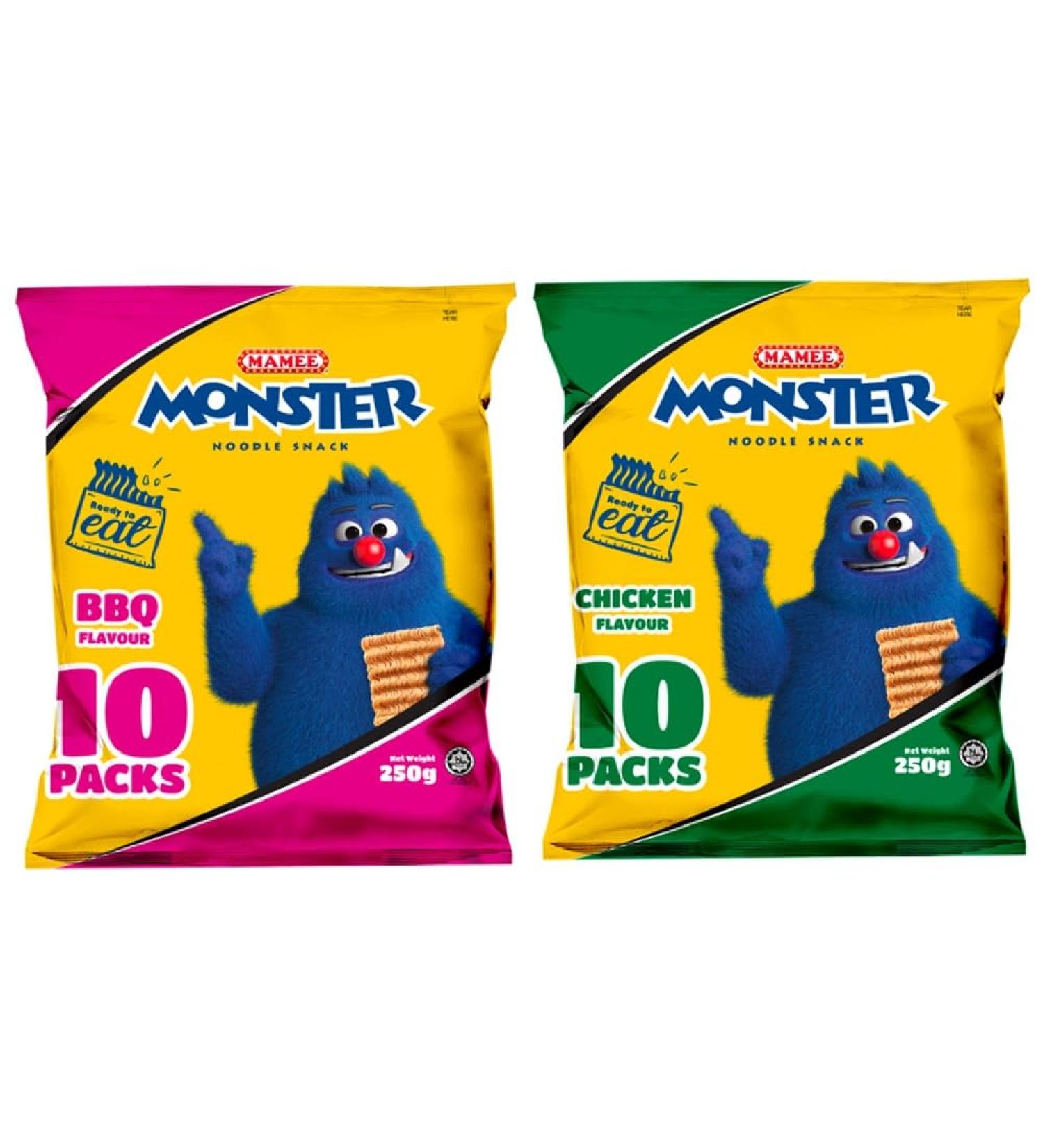 Mamee Monster Noodle Snack BBQ & Chicken Flavour Crispy Snacks 250g HALAL (2 Big Packs 20 Packets) - Buy Online on GoSupps.com