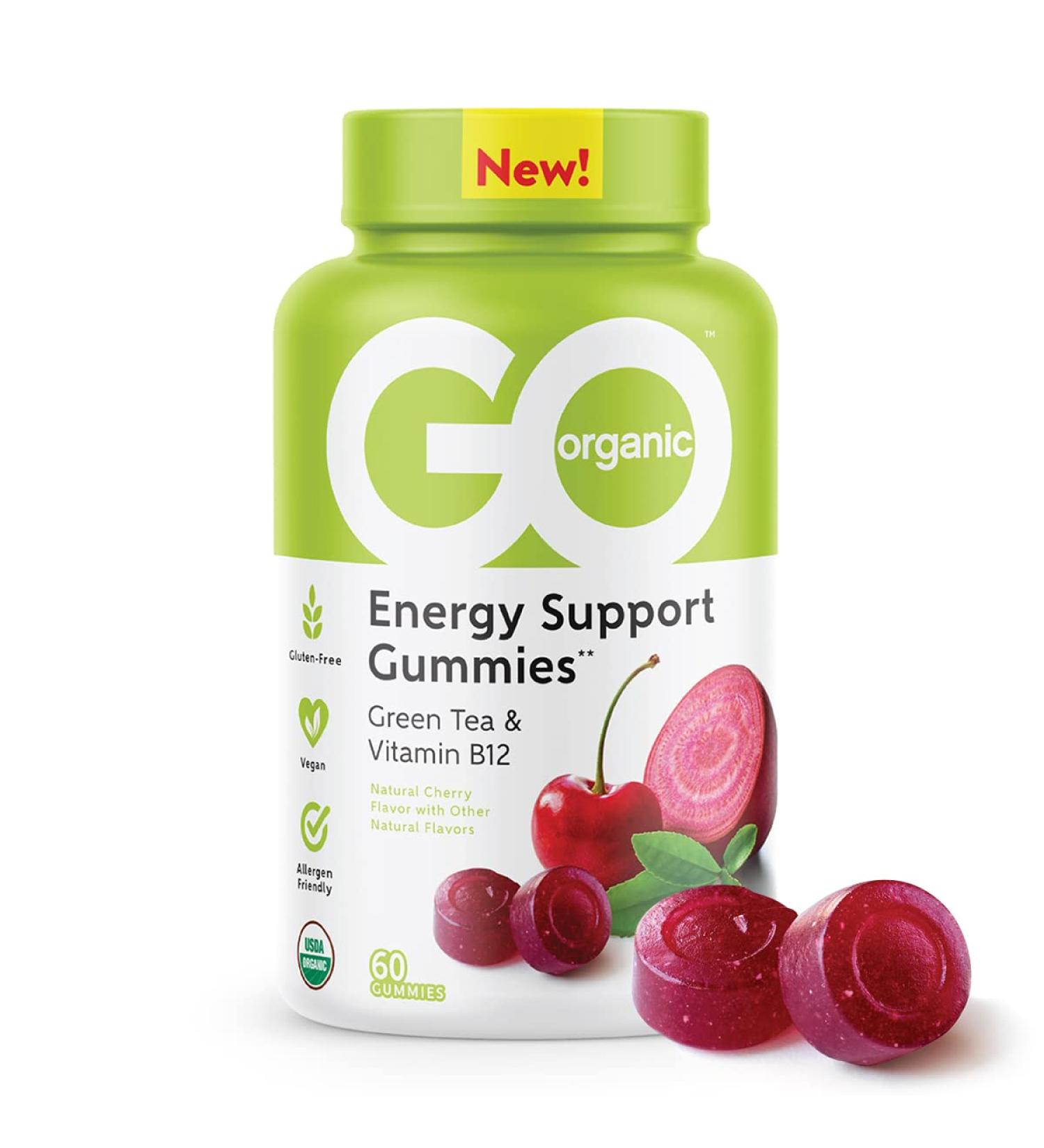 Vegan Vitamin B12 Energy Gummies with Green Tea - Gluten-Free Immunity Support - 60 Cherry Flavor Gummies for Adults - Buy Online on GoSupps.com