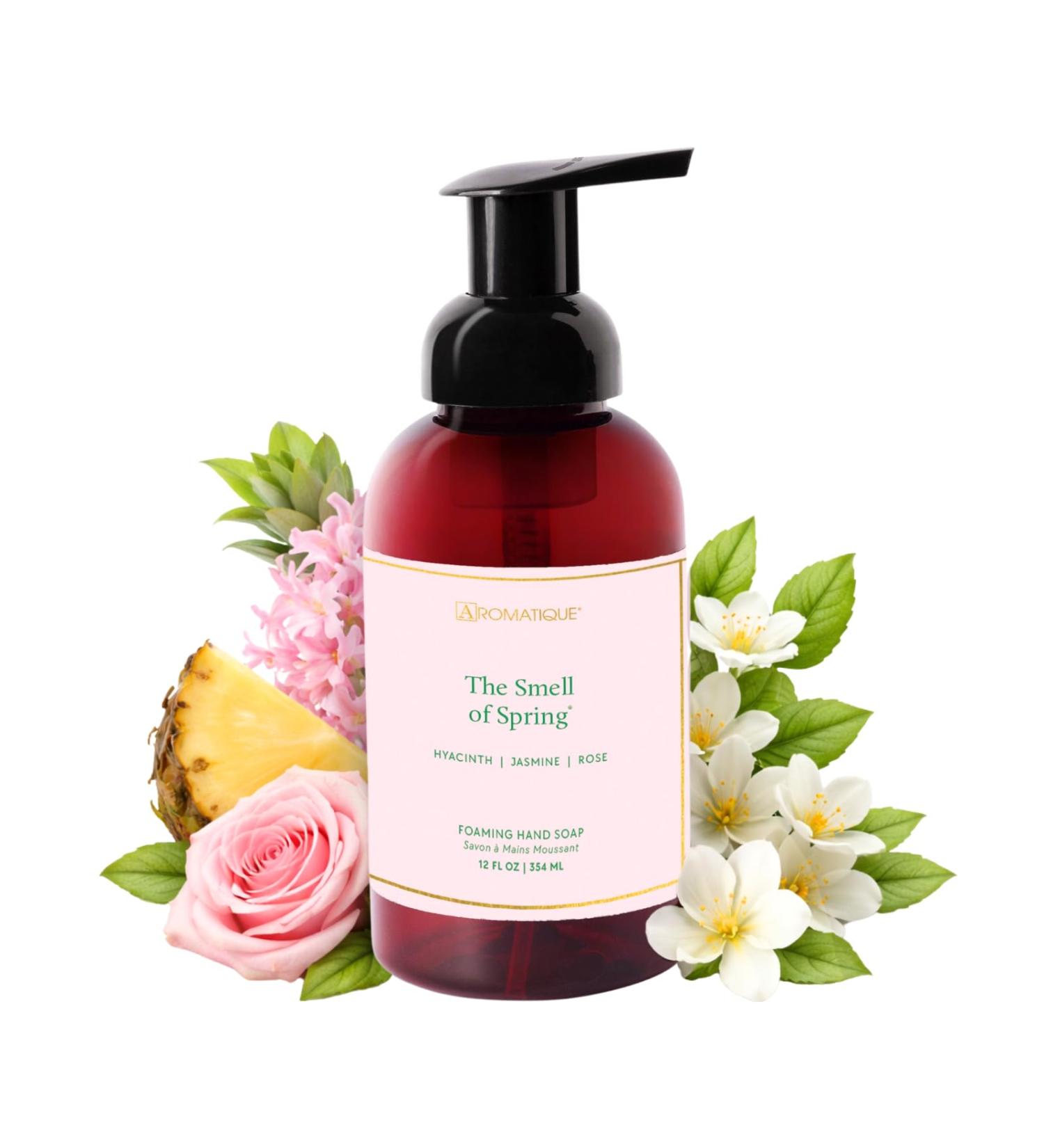 Aromatique The Smell of Spring Foaming Hand Soap Floral Moisturizing Luxury Hand Wash With Aloe Notes of Pineapple Green Hyacinth Jasmine Rose Vanilla Luxury Bathroom Kitchen Sink Decor 12oz