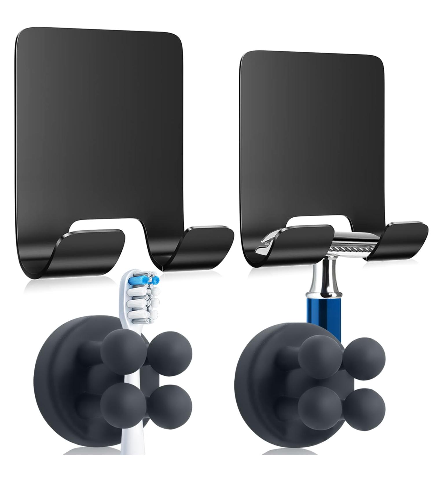 Razor Holder Shower Set - 2 Silicone Toothbrush Holders & Self-Adhesive Hooks - Black - 4 Pieces for Bathroom & Kitchen - Buy Online on GoSupps.com