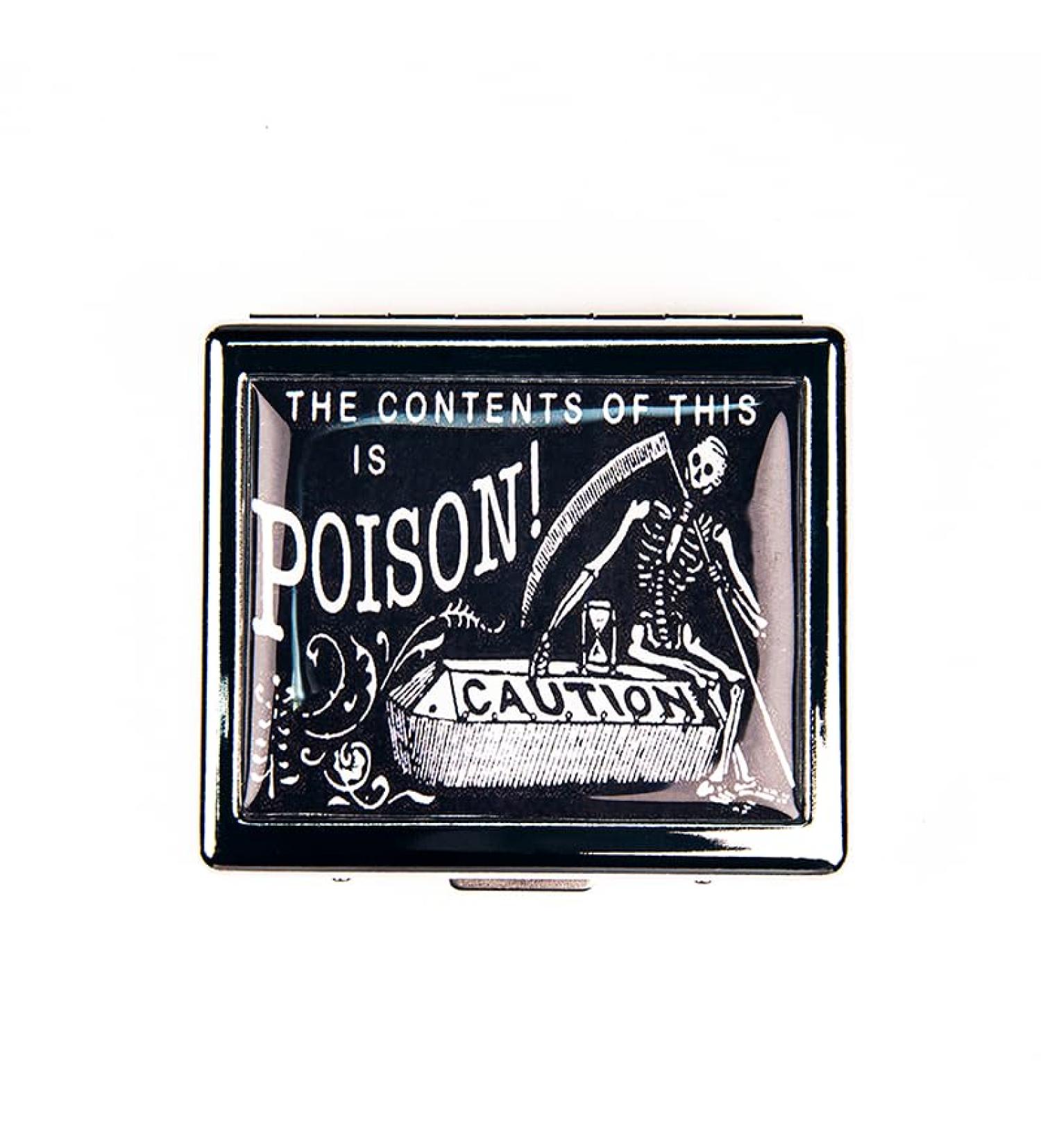 Vintage Poison Caution 7 Days Pill Organizer - Chromed Silver Rectangle Box with Mirror & 8 Compartments - International Shipping Available - Buy Online on GoSupps.com