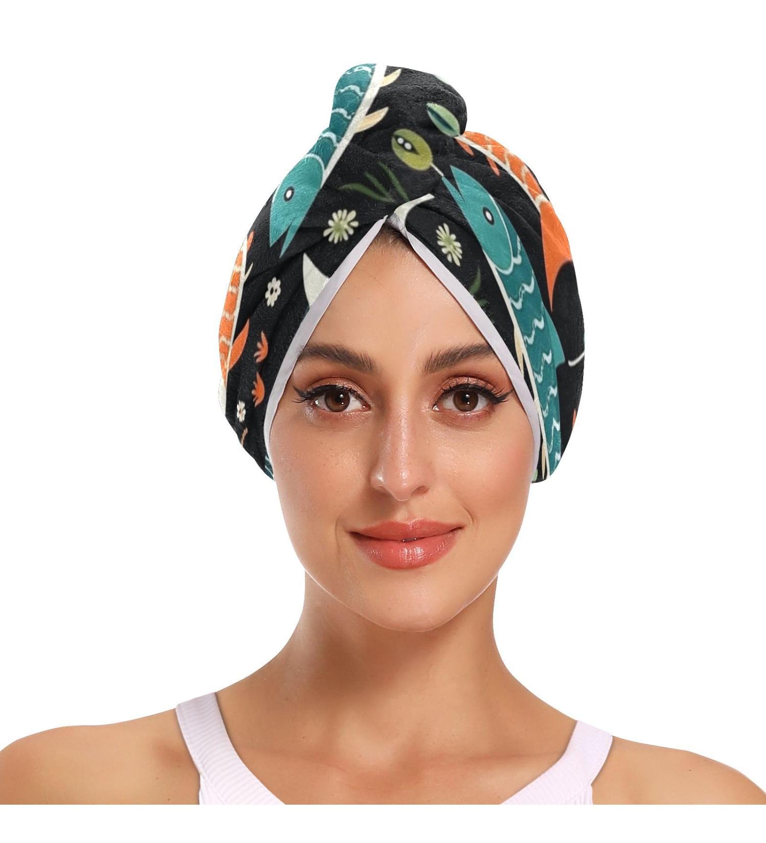 Blue Green Fishes Hair Towel 2 Pack | Super Absorbent Quick Dry Hair Turbans for Women & Girls - Perfect for Travel & Daily Use - Buy Online on GoSupps.com