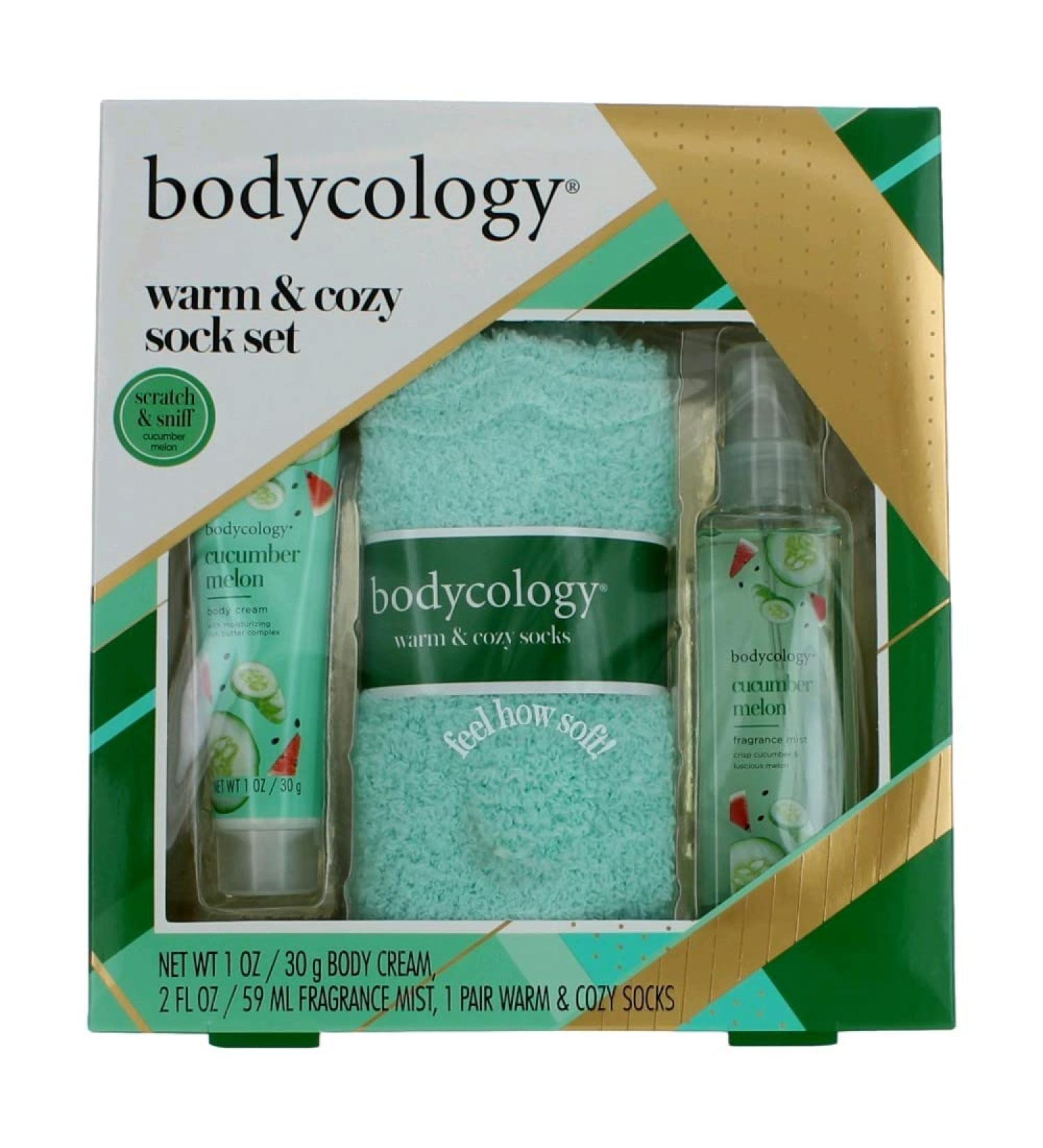 Bodycology 3 Piece Gift Set. Body Cream Fragrance Mist 1 Pair Warm & Cozy Socks. - Cucumber Melon Green 7.5 (04731)