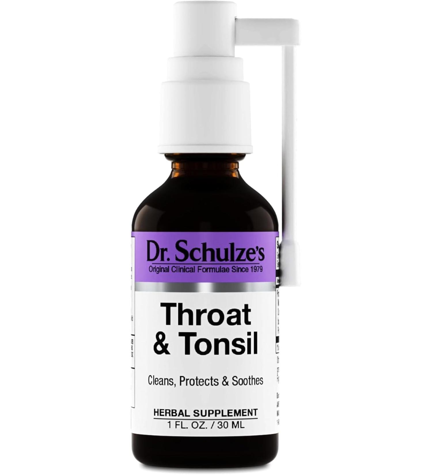 Dr. Schulze's Throat & Tonsil Herbal Supplement | Cool Soothe & Protect | Vegan & Kosher | Easy Spray Nozzle | 1oz Bottle - Buy Online on GoSupps.com
