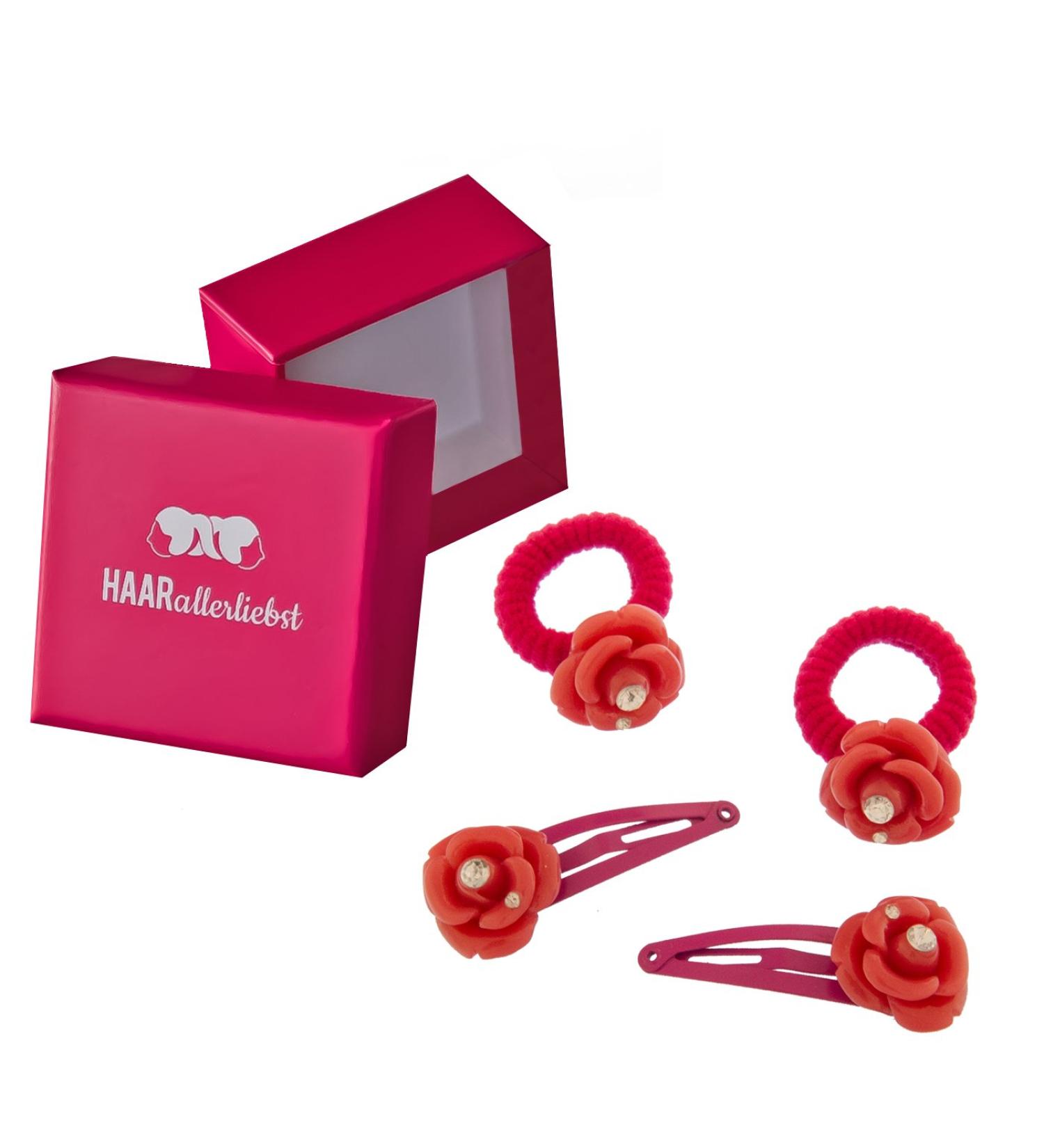 HAARallerliebst 4 hair clips hair ties hair accessories with red roses with rhinestones in pink box