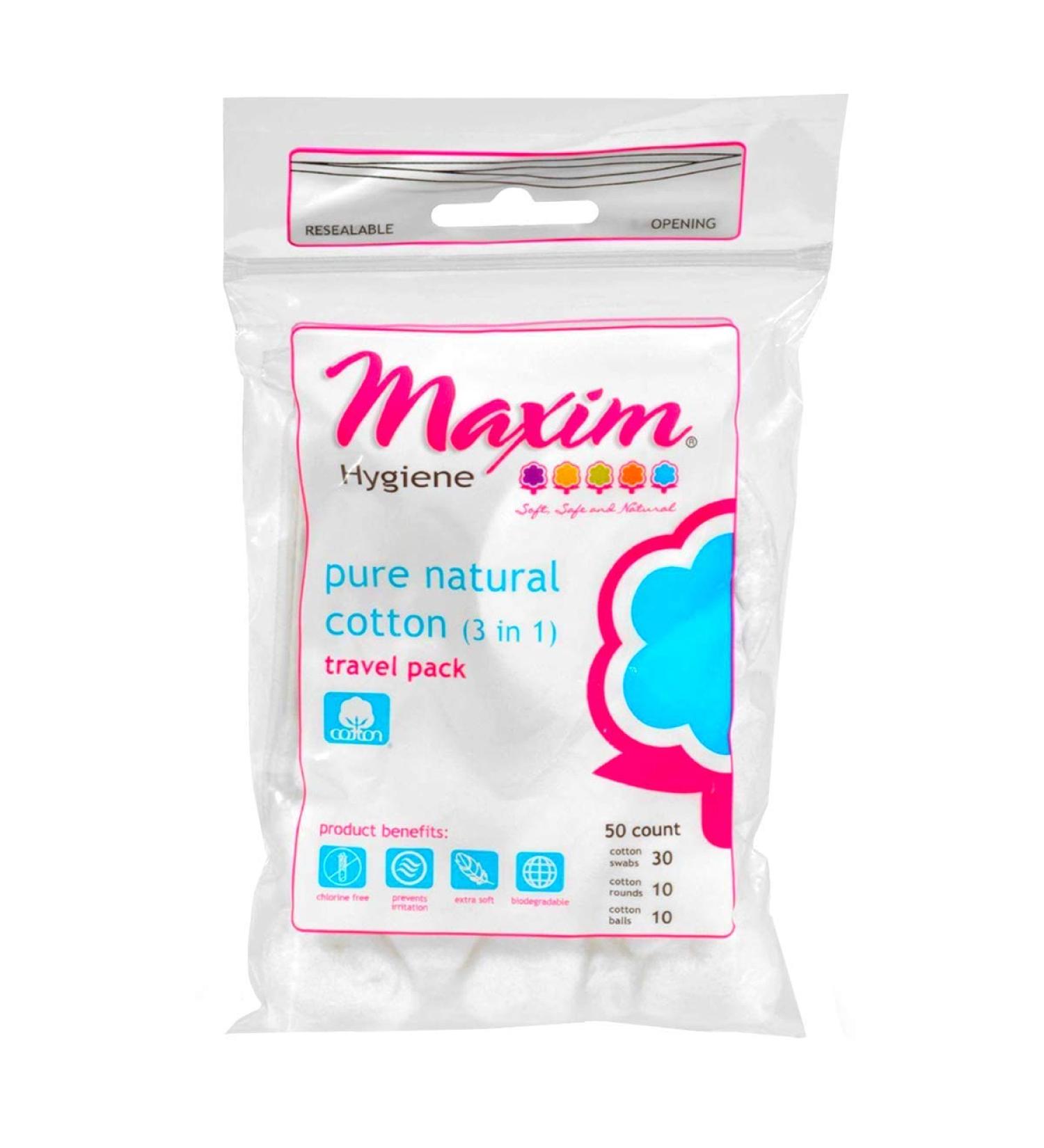 Maxim Hygiene 3-in-1 Pure Travel Pack Cotton Swabs - 50 Count | Perfect for Travel & Everyday Use - International Shipping Available - Buy Online on GoSupps.com