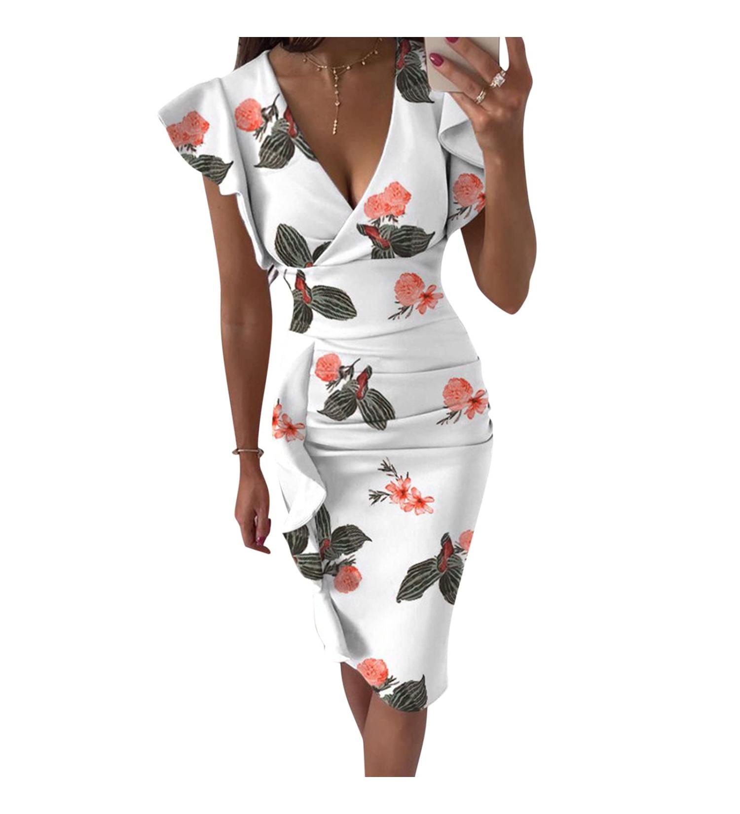 Briskyry V-Neck Floral Business Dresses for Women - Elegant Summer Festival & Party Dresses - Sexy Ruffled Hems Vintage Style XXL in Orange - Buy Online on GoSupps.com