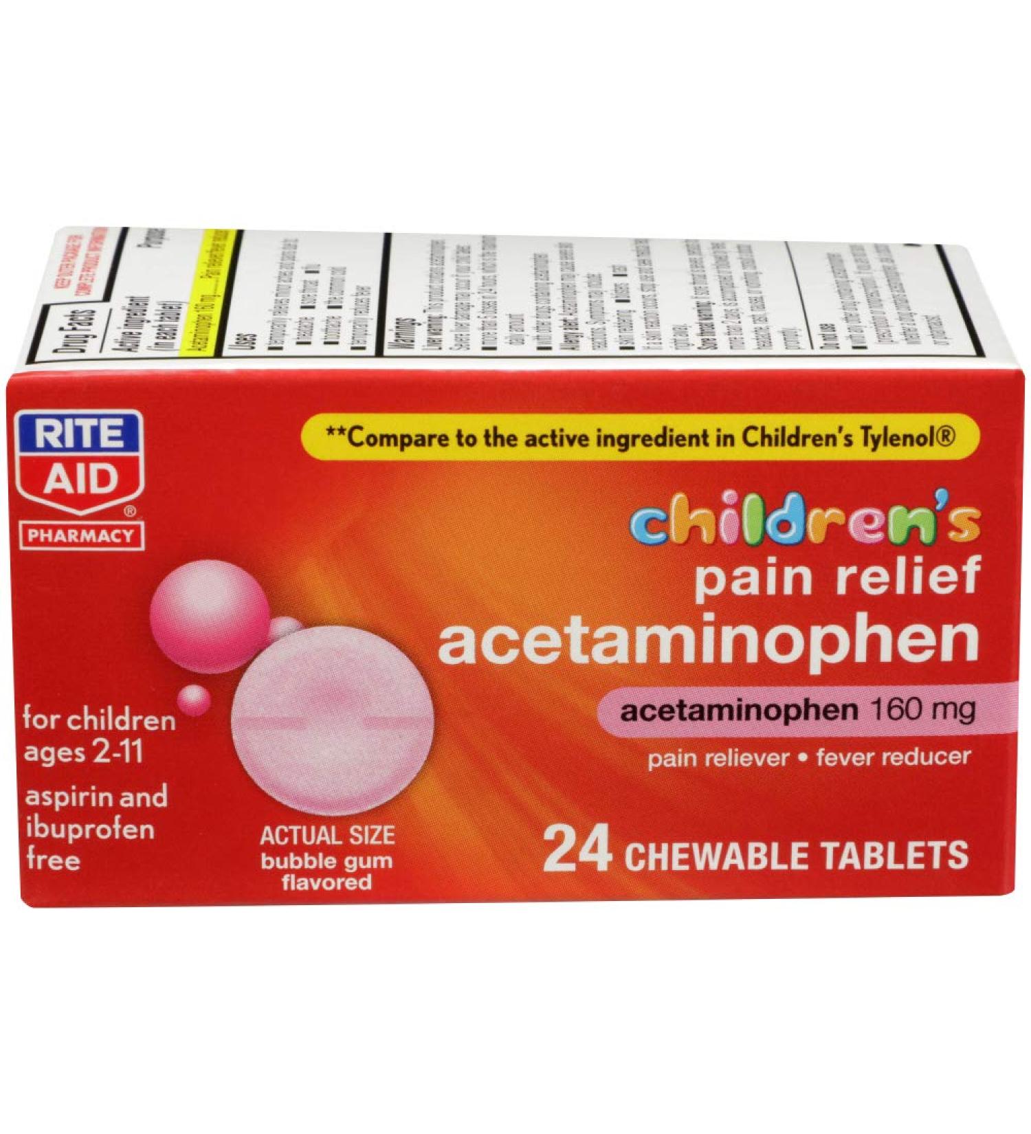 Rite Aid Children's Pain Relief Acetaminophen 160mg - 24 ct | Bubble Gum Flavor Kids Pain Reliever | Ages 2-11 | Chewable Tablets - Buy Online on GoSupps.com