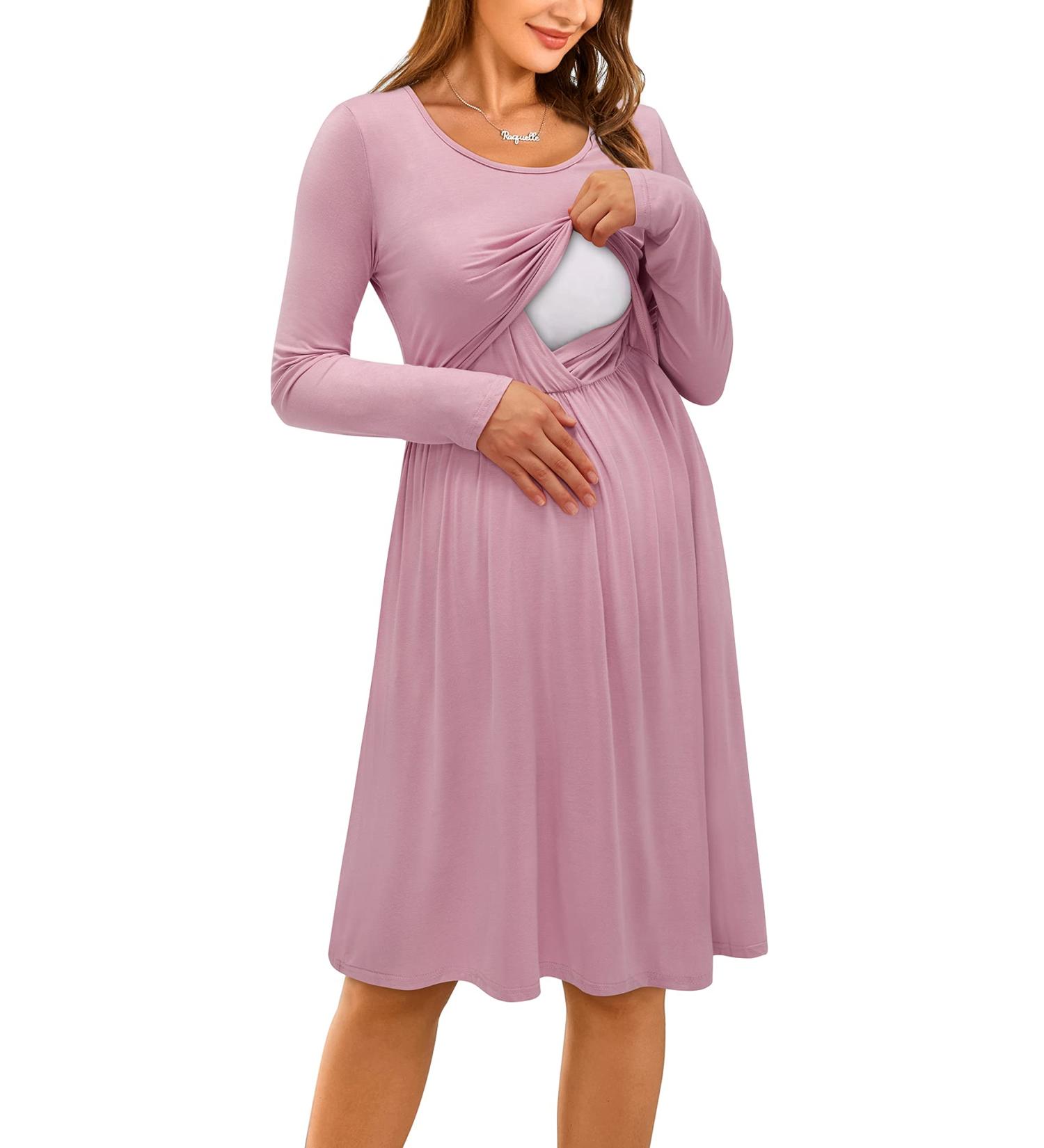OUGES Women's V-Neck Maternity Nursing Dress with Pockets - S Pink - Buy Online on GoSupps.com