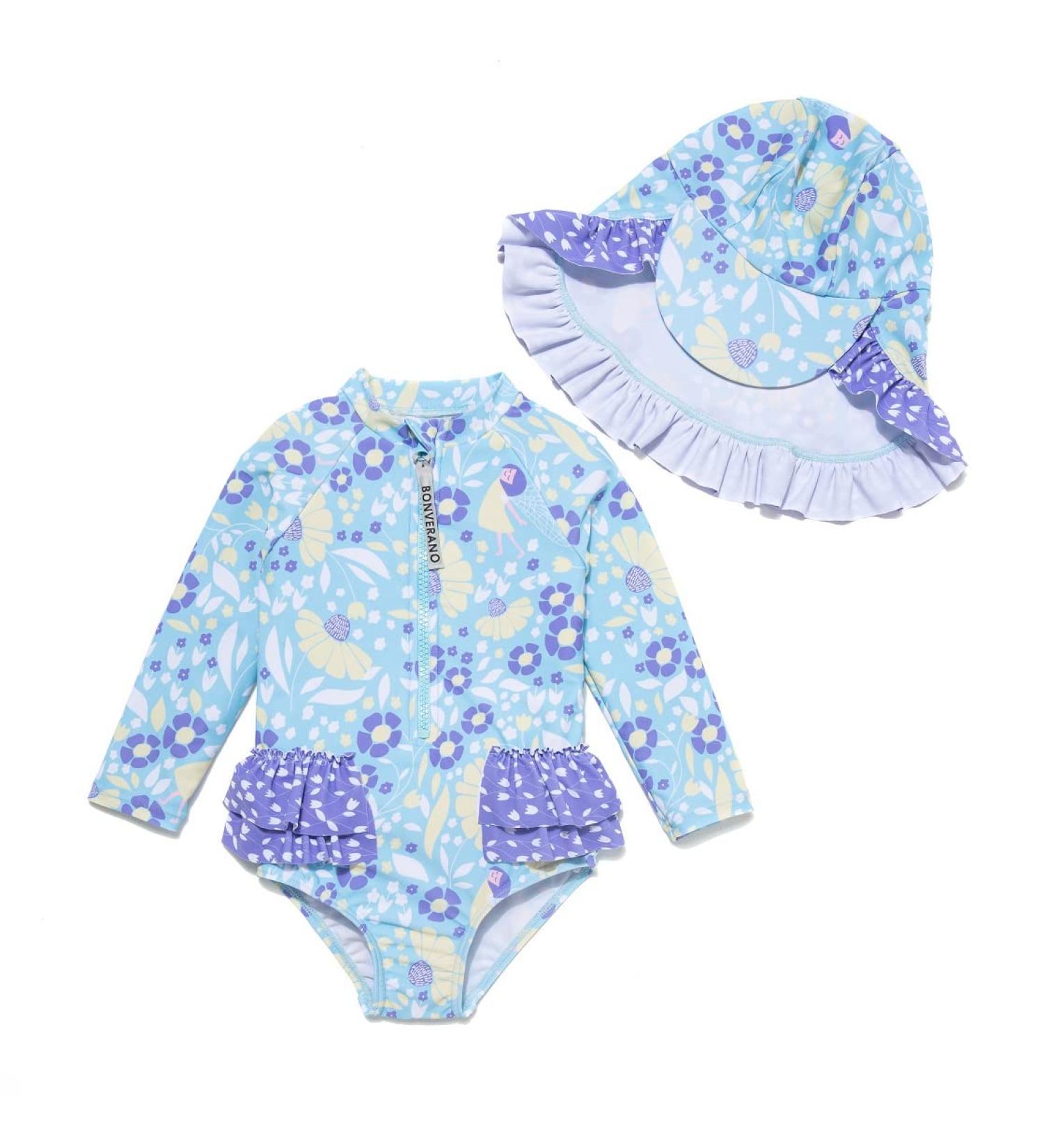 BONVERANO Baby Girls Swimsuit - Toddler Long-Sleeve Zipper One Piece Purple Flower Bathing Suit with UPF 50+ Sun Protection | 2-3 Years - Buy Online on GoSupps.com