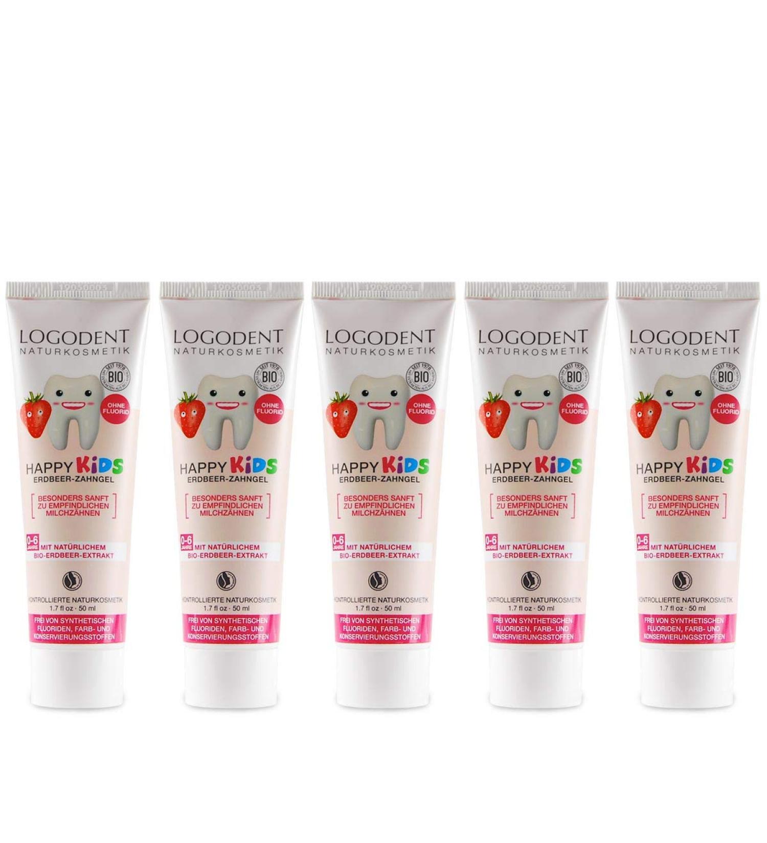 Logodent Children's Toothed Strawberry Toothpaste (5x50 ml) - Natural Organic Vegan & Fluoride-Free | Gentle Care for Kids - Buy Online on GoSupps.com