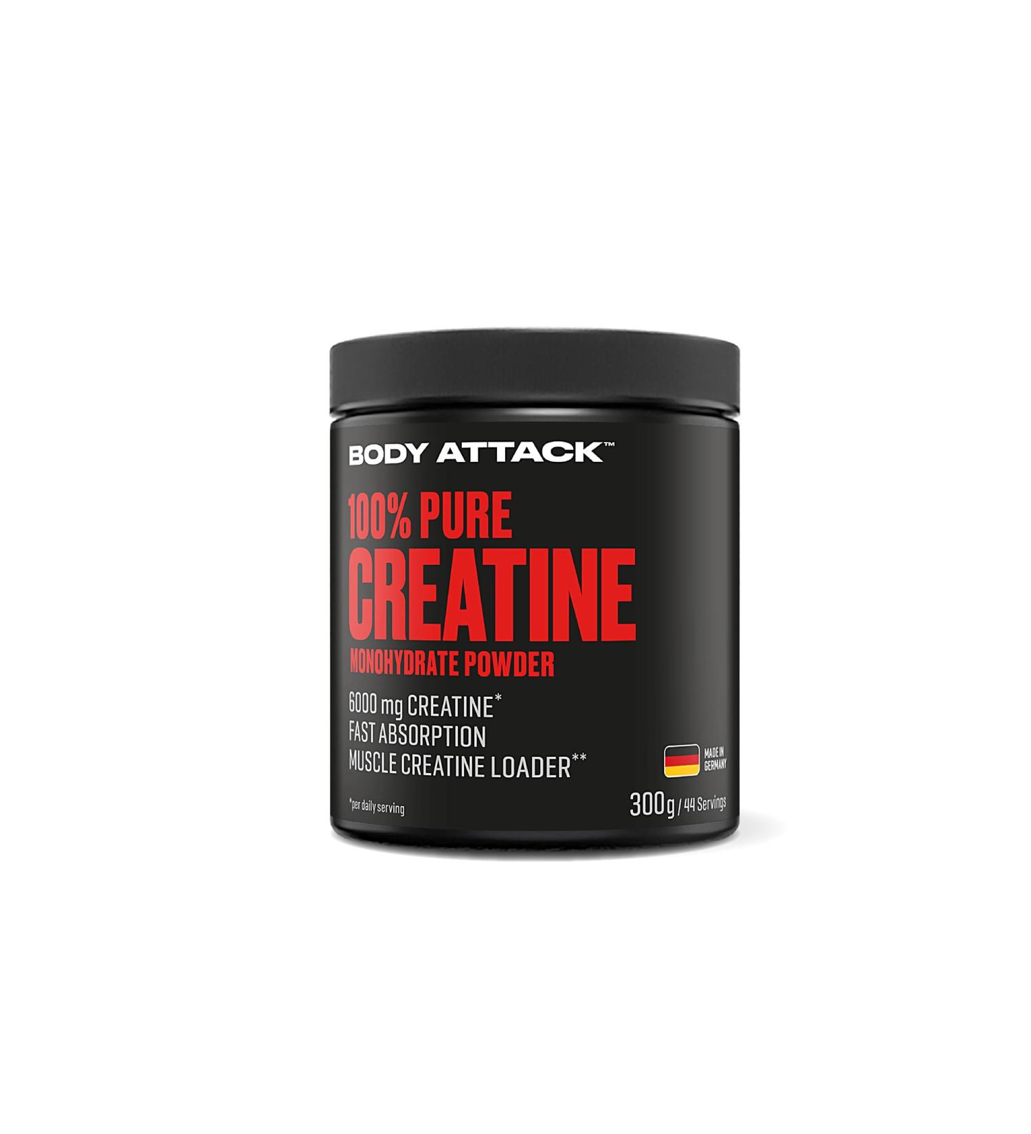 Body Attack Creatine Monohydrate 300g - Pure Vegan Powder - Optimal Solubility - Made in Germany - Cologne List Certified - Buy Online on GoSupps.com