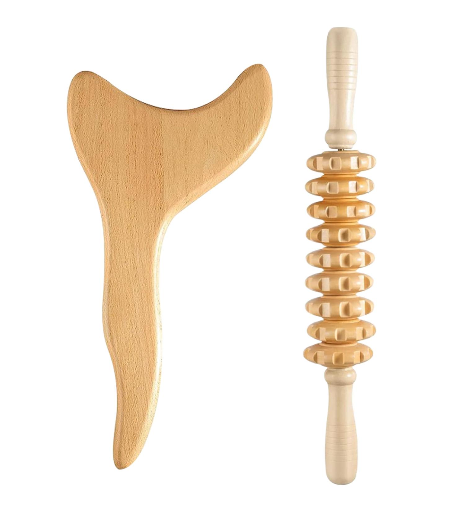 2PC Lymphatic Drainage Massage Tools Set - 9-Wheel Roller & Gua Sha for Legs Back Neck Arms | Wood Therapy Massage - Buy Online on GoSupps.com
