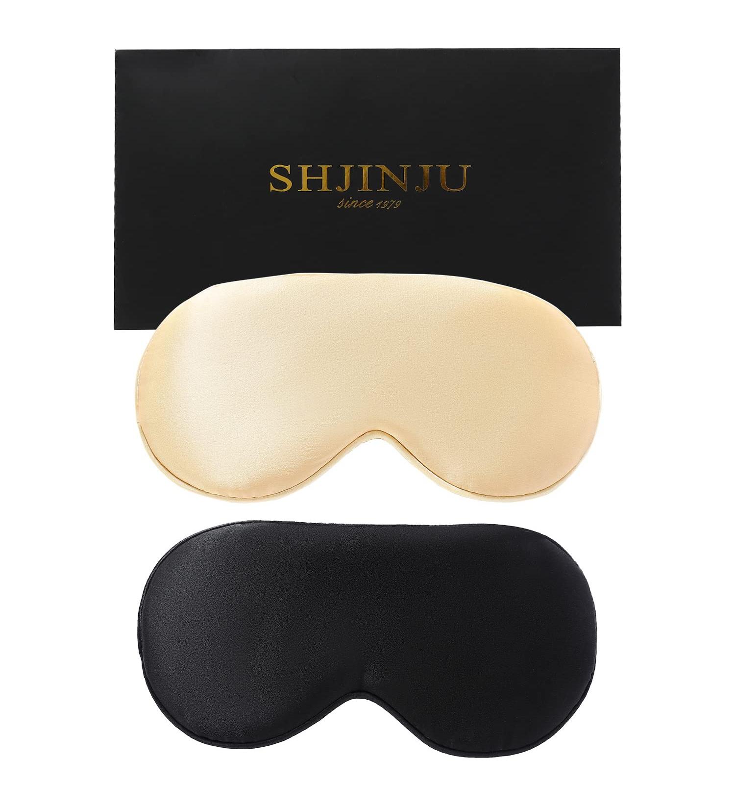 2-Pack Natural Silk Eye Mask Set with Adjustable Straps - Black and Champagne | SHJINJU Sleep Eye Mask Shade for Puffy Eyes - Buy Online on GoSupps.com