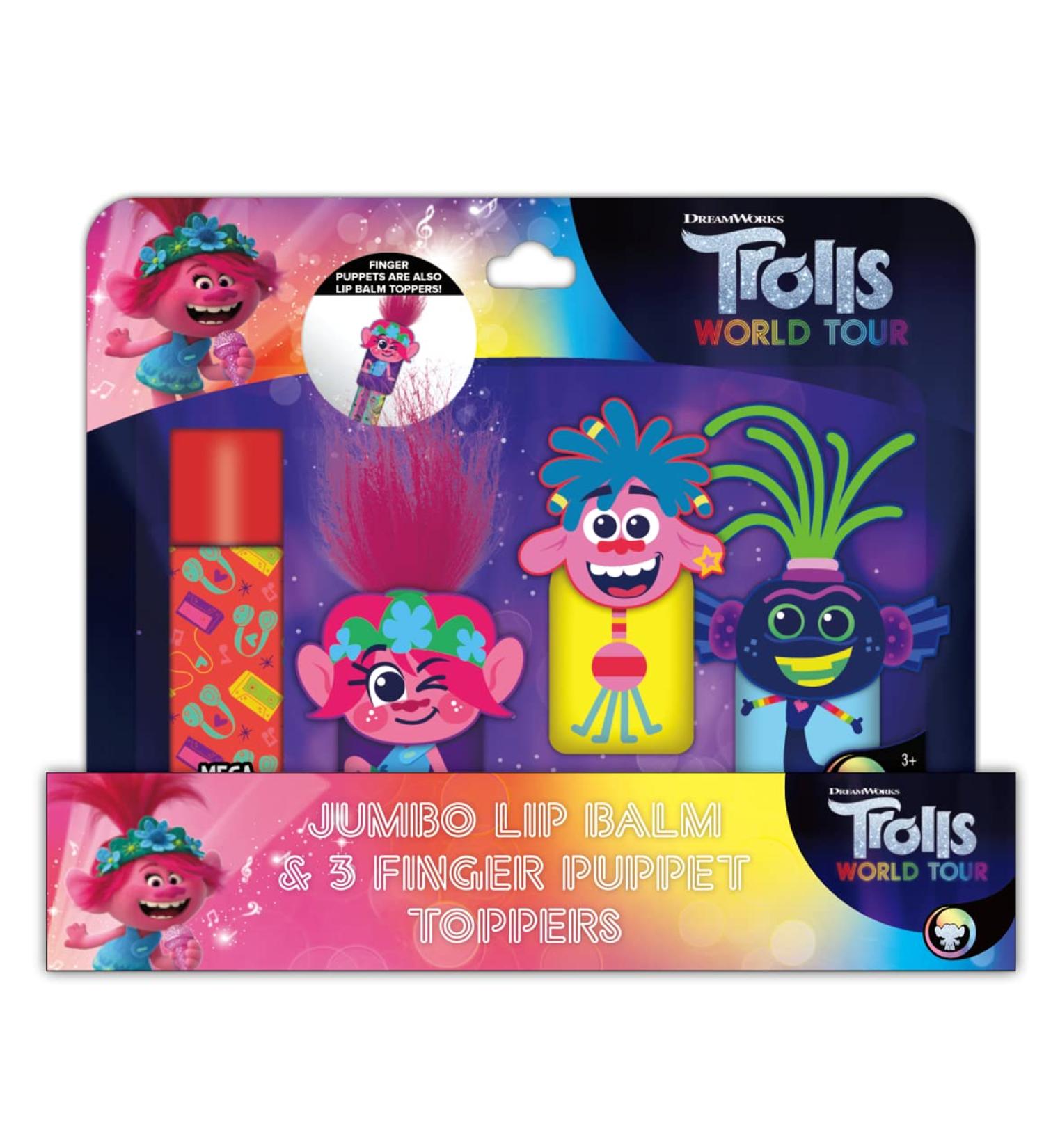 Trolls MEGA Lip Balm & Three Character Finger Puppets/Lip Balm Covers