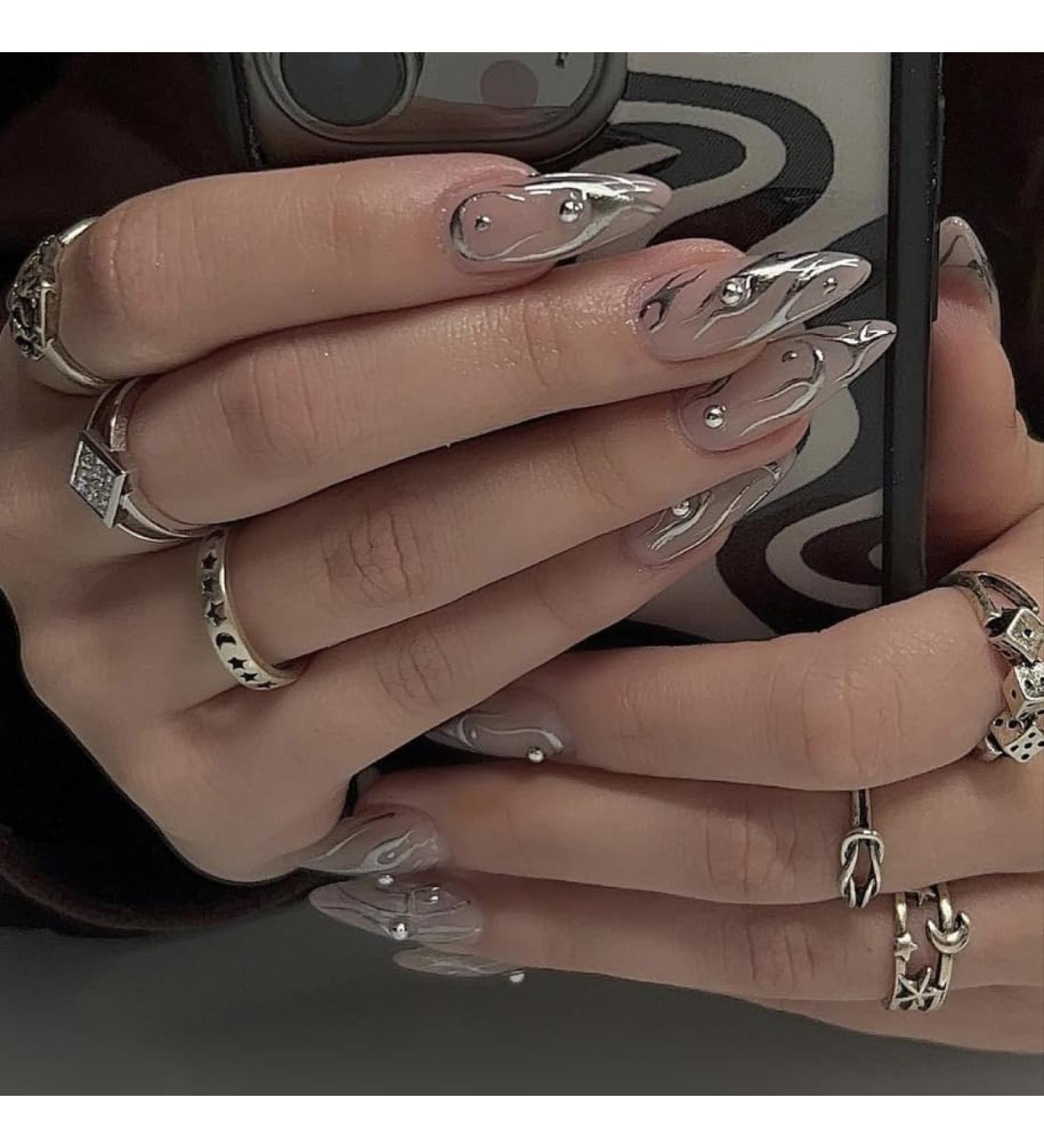 Buy BABALAL Almond Press on Nails - Medium Fake Nails with Silver Swirl & Rhinestone Design | Stiletto Acrylic Nails FNf401 for International Shipping - Buy Online on GoSupps.com