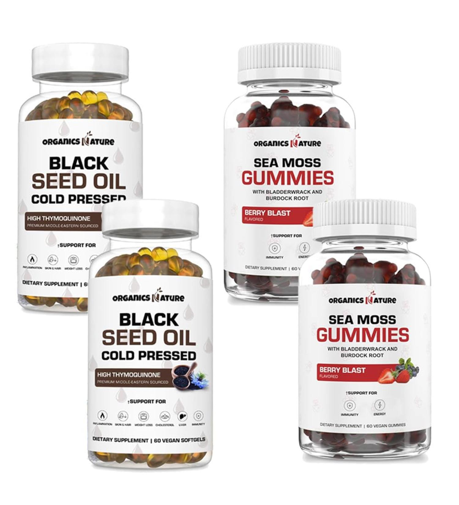ORGANICS NATURE Black Seed Oil Capsules (2 Bottles) & Sea Moss Gummies (2 Bottles) | Vegan Softgels for Hair Skin Heart Joint Support Lung Detox Energy Mucus Clear Thyroid Digestion Omega 3s - Buy Online on GoSupps.com