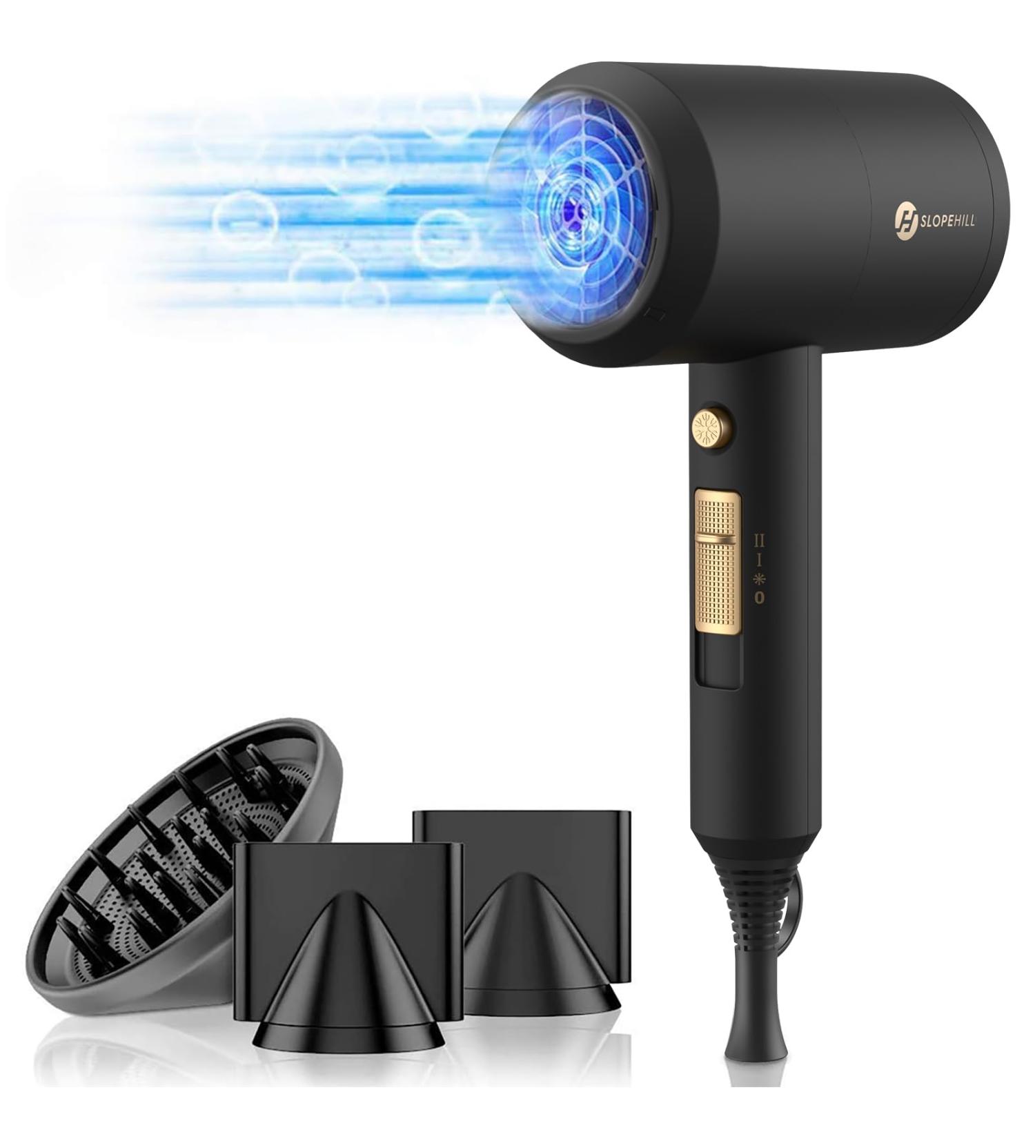 Slopehill Ion Hair Dryer 1800W - Quick Drying AC Motor 3 Concentrators & Diffuser Hot/Cold Button 3 Heat Settings 2-Speed - Black Gold - Buy Online on GoSupps.com