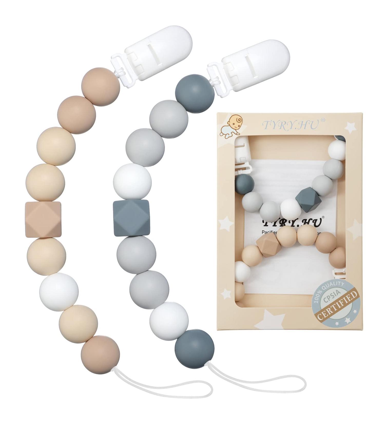 Pacifier Clip for Baby Boys Girls - Neutral Binky Holder 2 Pack (Oatmeal Grey) - Buy Online on GoSupps.com