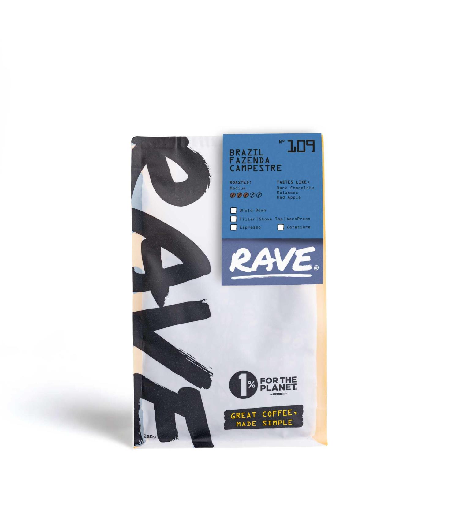 Rave Coffee - Brazil Fazenda Campestre N 109 Single Origin Espresso Grind Freshly Roasted and Ground 250g - Buy Online on GoSupps.com