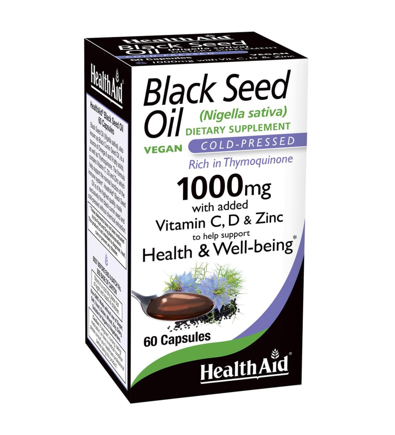 HealthAid Black Seed Oil Capsules 1000mg 60 Count Cold-Pressed with Vitamin C D Zinc for General Health and Wellbeing Vegan Rich in Thymoquinone