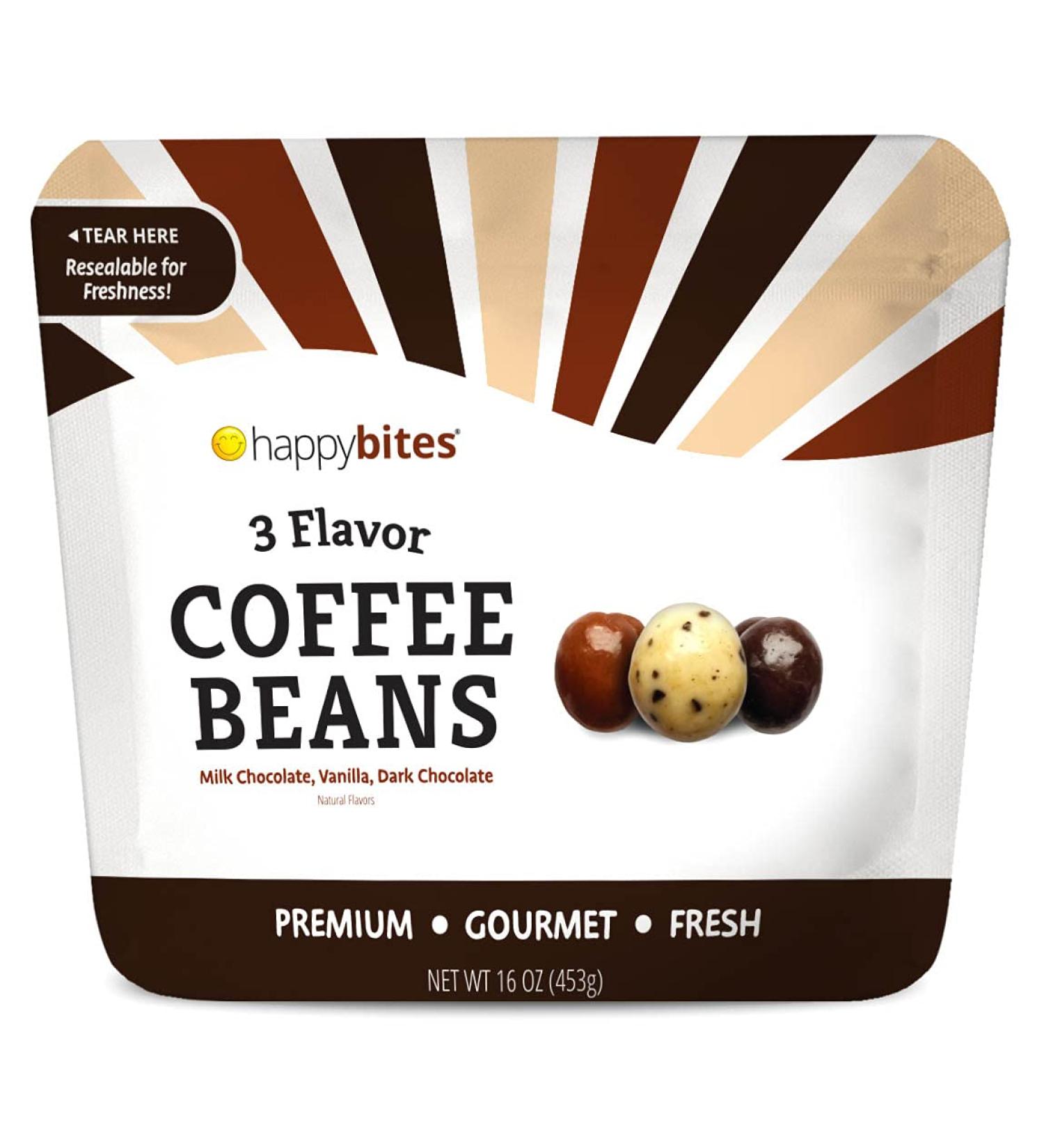 Happy Bites 3 Flavor Espresso Coffee Beans 16 oz - Milk Chocolate, Dark Chocolate & Vanilla Covered - Resealable Pouch Bag, 1 lb Pack - Buy Online on GoSupps.com