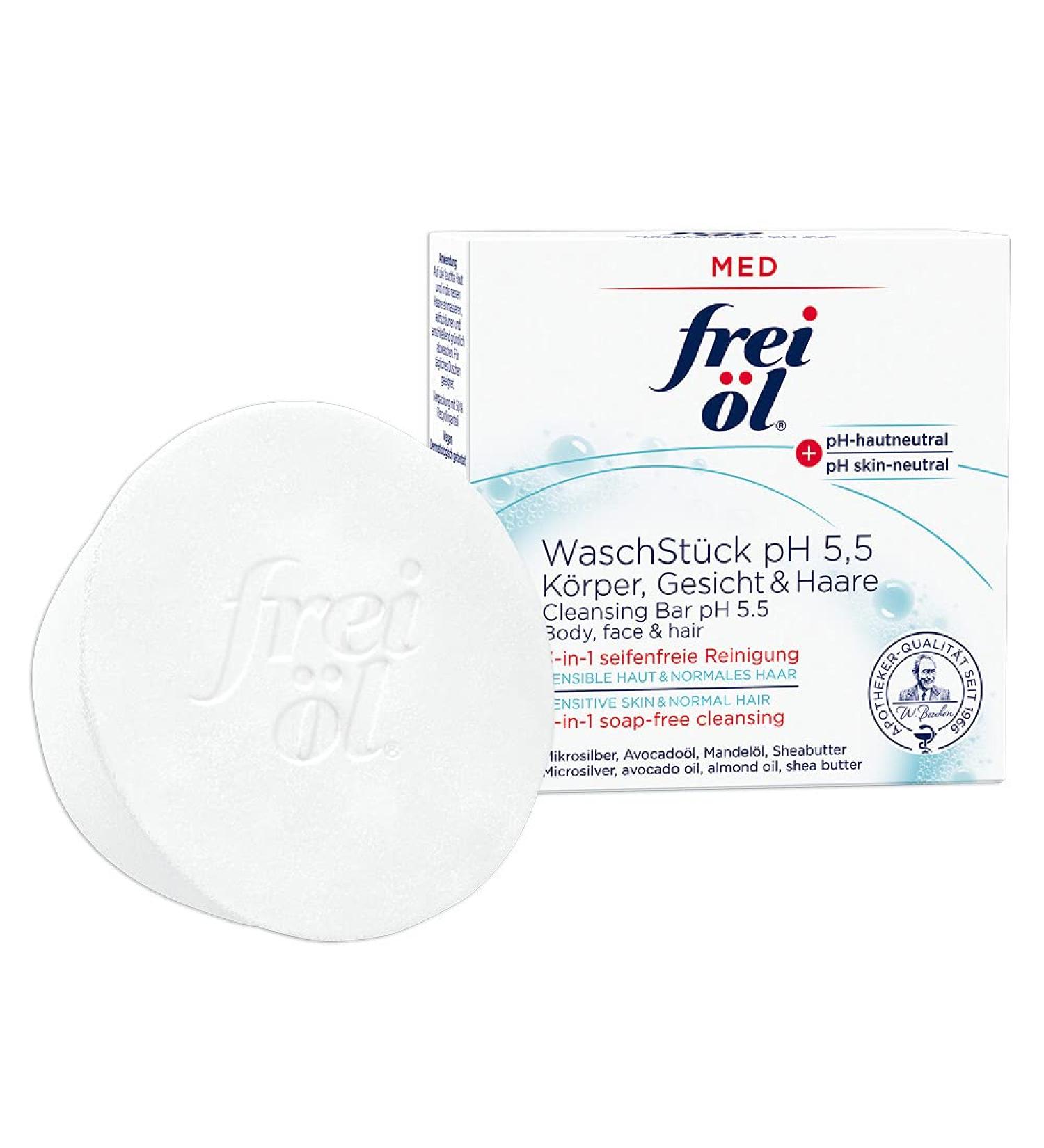 Free Oil Med Washing Piece - 3-in-1 Soap-Free Cleanser for Body Face & Hair pH 5.5 Vegan Microbiome-Friendly with Almond & Avocado Oil - 90g - Buy Online on GoSupps.com