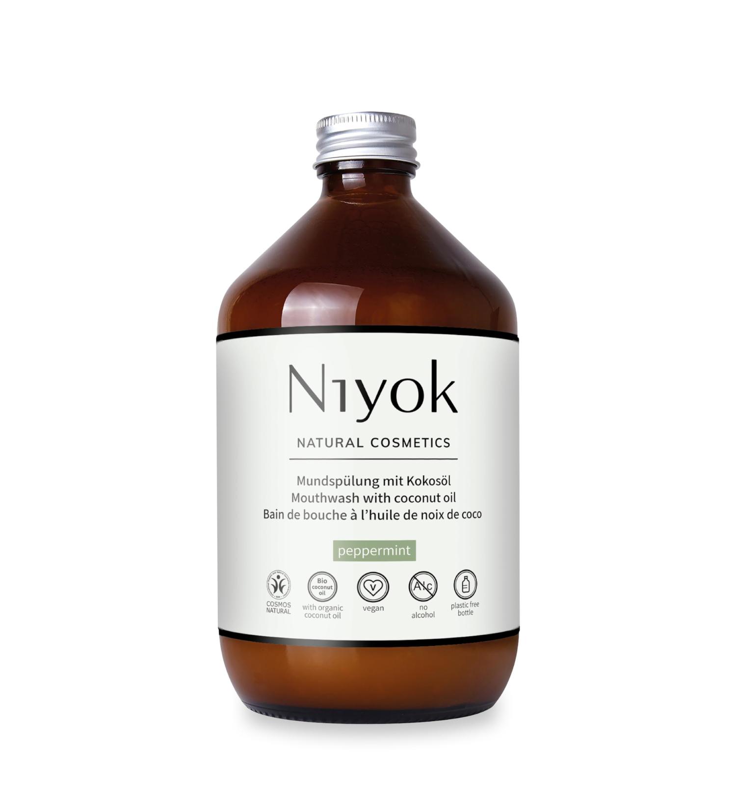 Niyok Peppermint Mouthwash with Coconut Oil (500ml) - Antibacterial Fluoride-Free Alcohol-Free Healthy Gums Fresh Breath - Buy Online on GoSupps.com