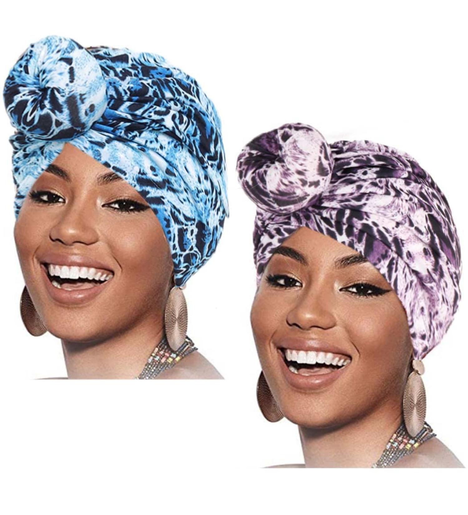 Leopard Print African Head Wraps - Pre-Tied Cotton Cap for Women and Girls (Pack of 2) - Buy Online on GoSupps.com