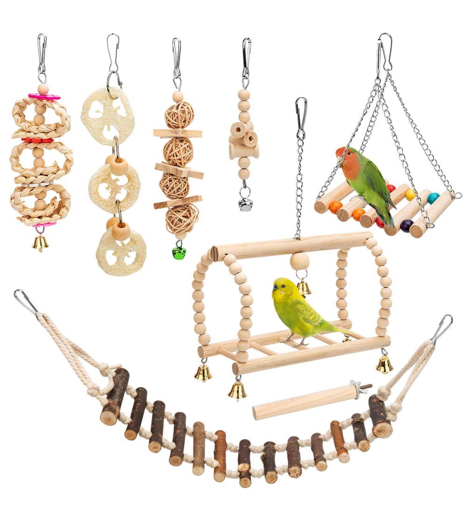 8 Pack Natural Wood Bell Bird Swing Toy for Parrots and Small Birds - Buy Online on GoSupps.com